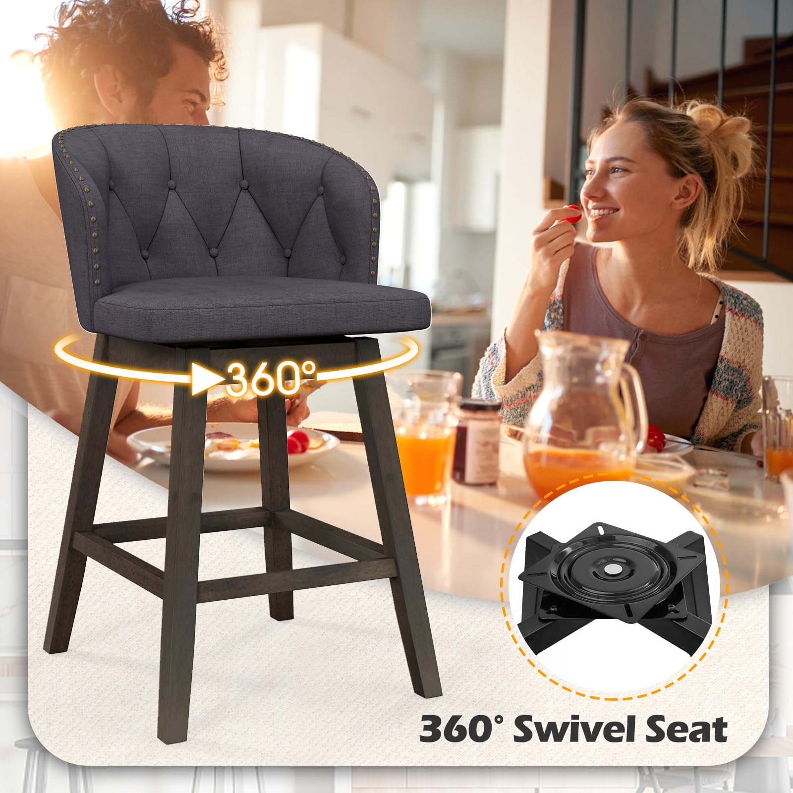 Counter Height Bar Stools Set of 2/4, Fabric Upholstered Island Stools with 360&deg; Swivel Seat & Button-Tufted Back