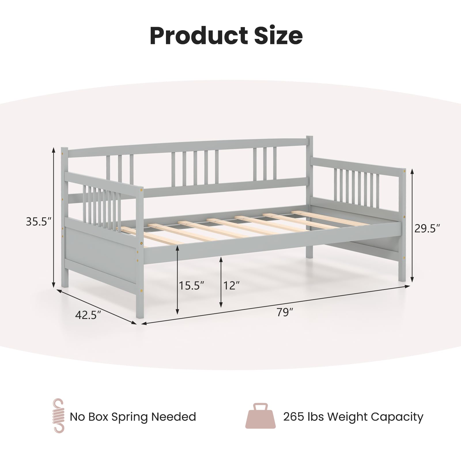 Twin Daybed Frame, Wooden Sofa Bed Guest Bed with Rails & Wood Slat Support