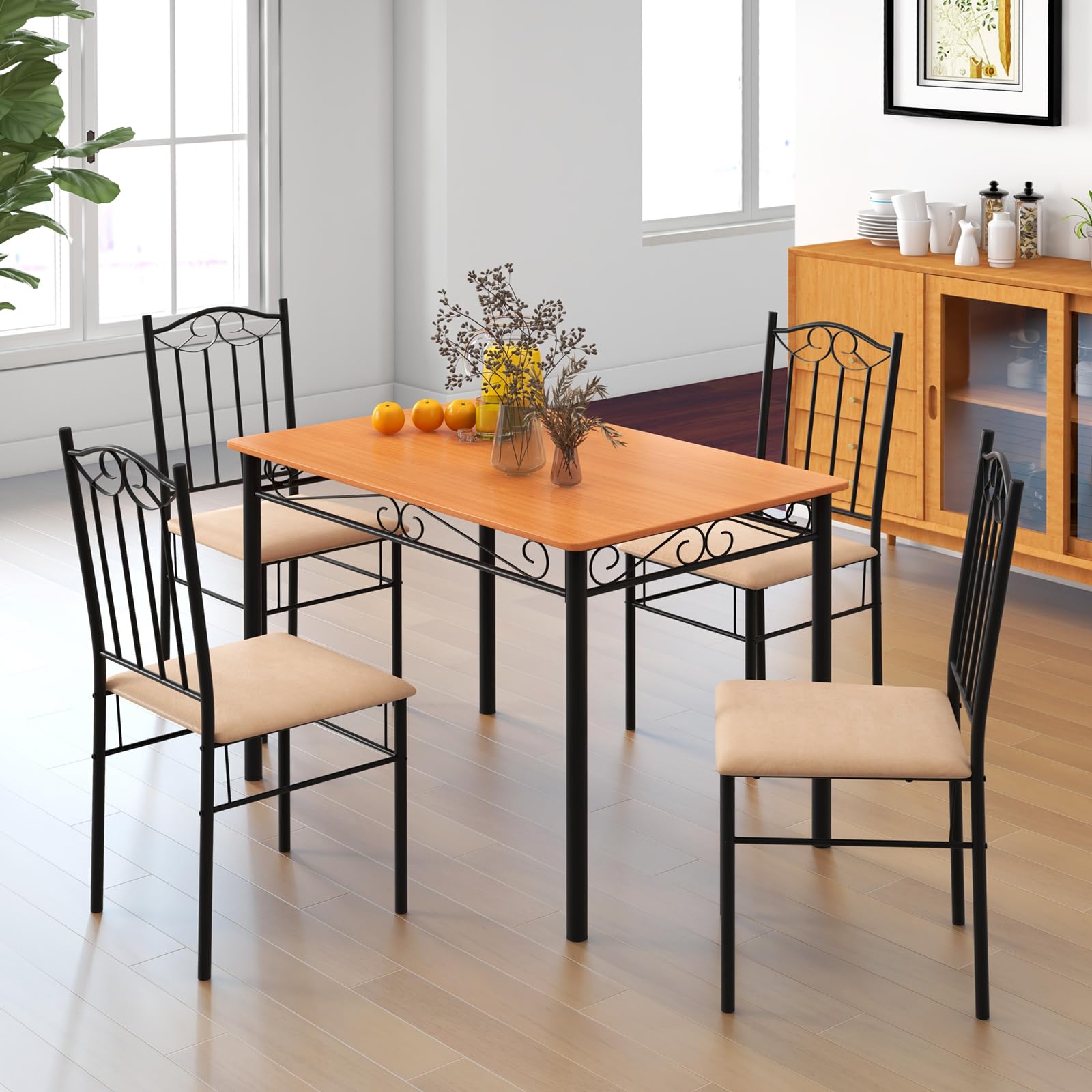 5 Pieces Dining Table Set, Modern Rectangular Dining Table & 4 Upholstered Chair Sets