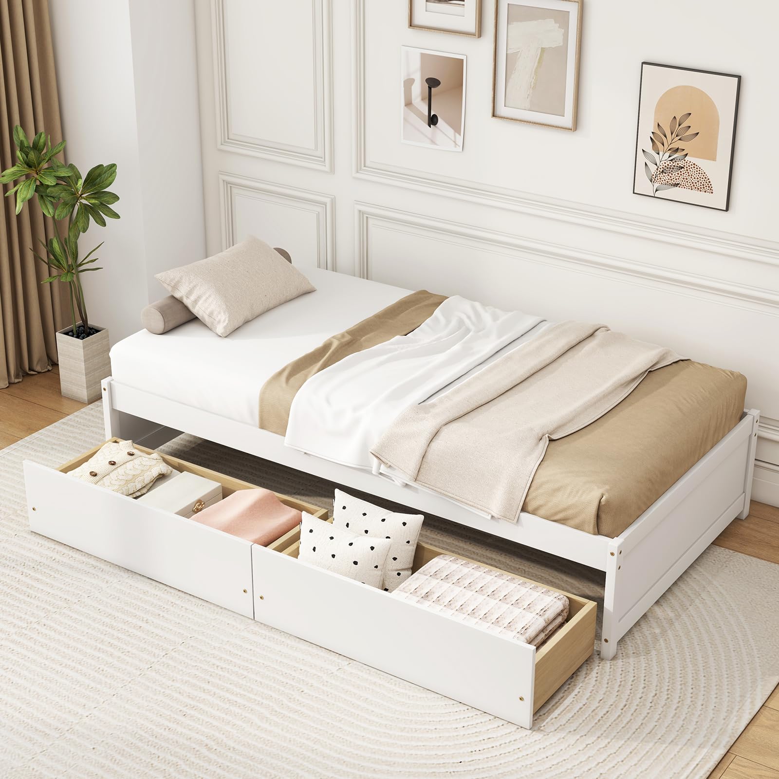Bed Frame with 2 Storage Drawers, Solid Wood Platform Bed with Slats Support