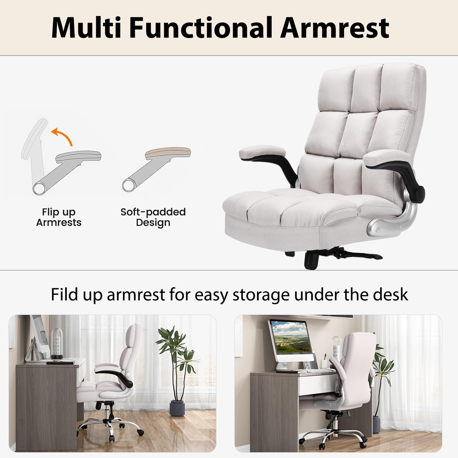 Executive Office Chair, Adjustable Tilt Angle and Flip-up Armrest Linen Fabric Upholstered Chair with Thick Padding