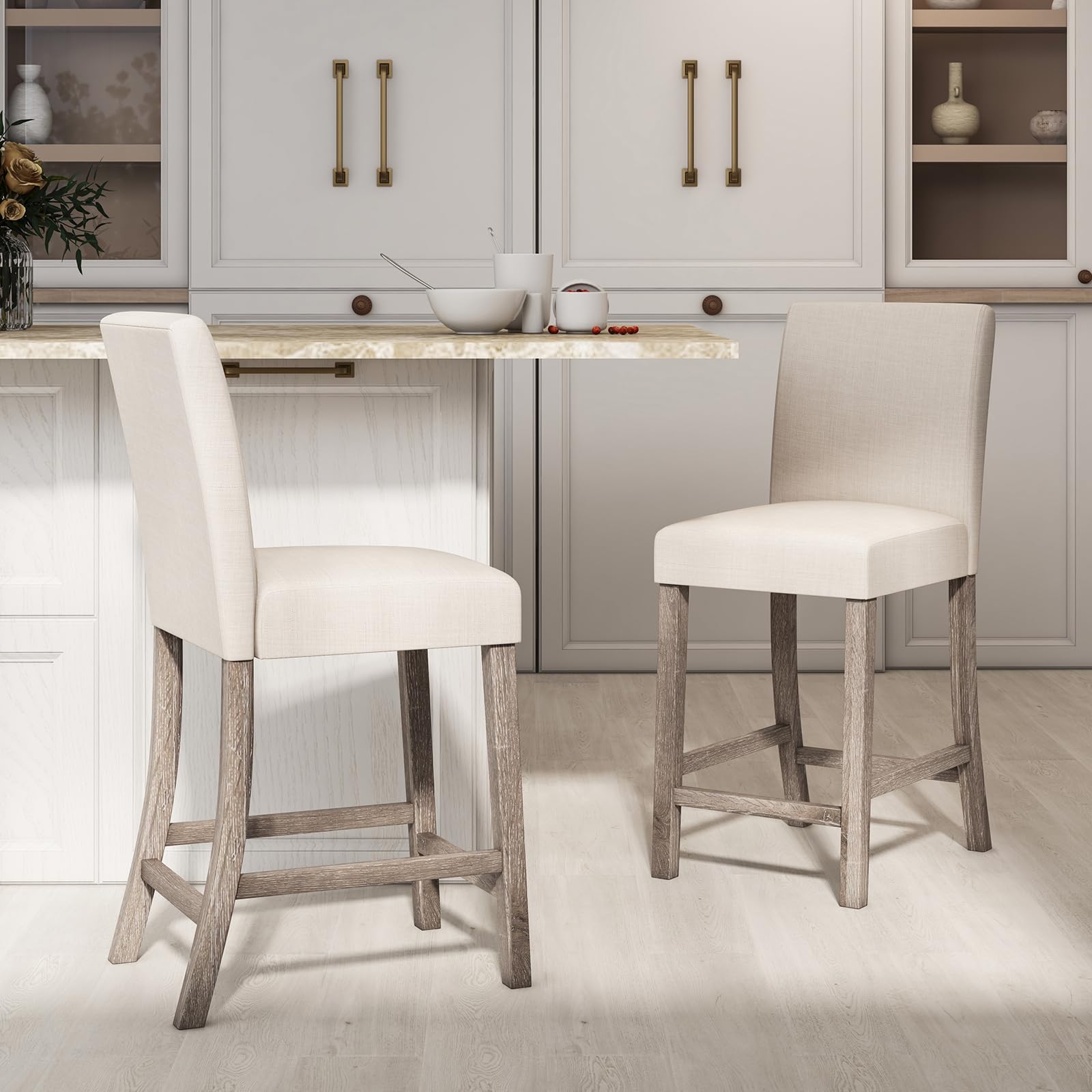 Upholstered Counter Height Bar Stools Set of 2/4 with Ergonomic Backrest, Solid Wood Frame