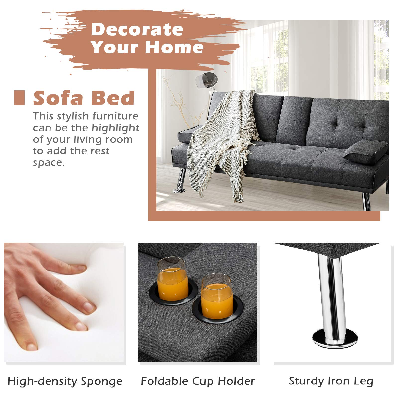 Convertible Futon Sofa Bed with Adjustable Backrest & Removable Armrests, 2 Cup Holders