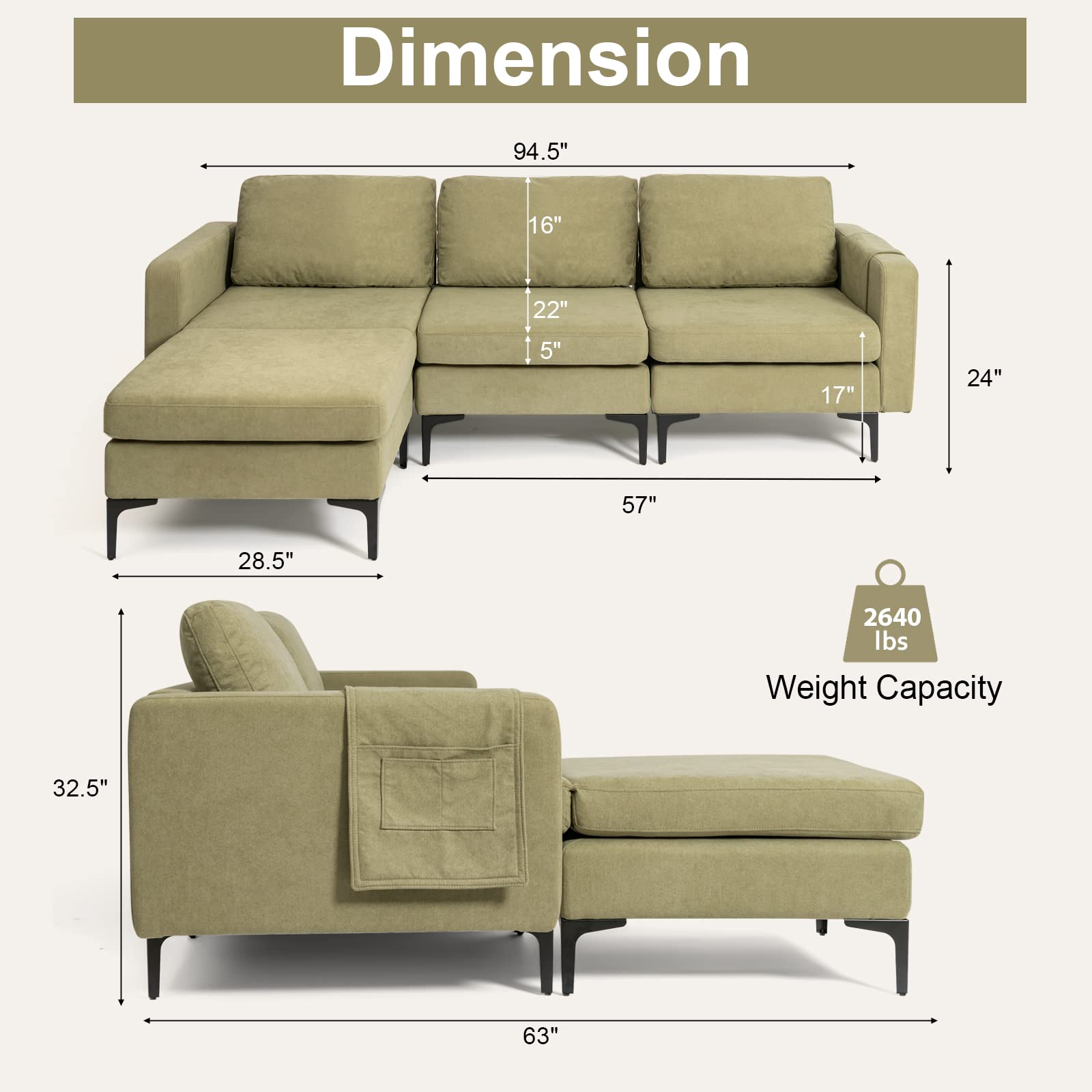 Convertible Sectional Sofa Couch, 3-Seat L Shaped Couch with Reversible Ottoman, Built-in Socket & USB Ports
