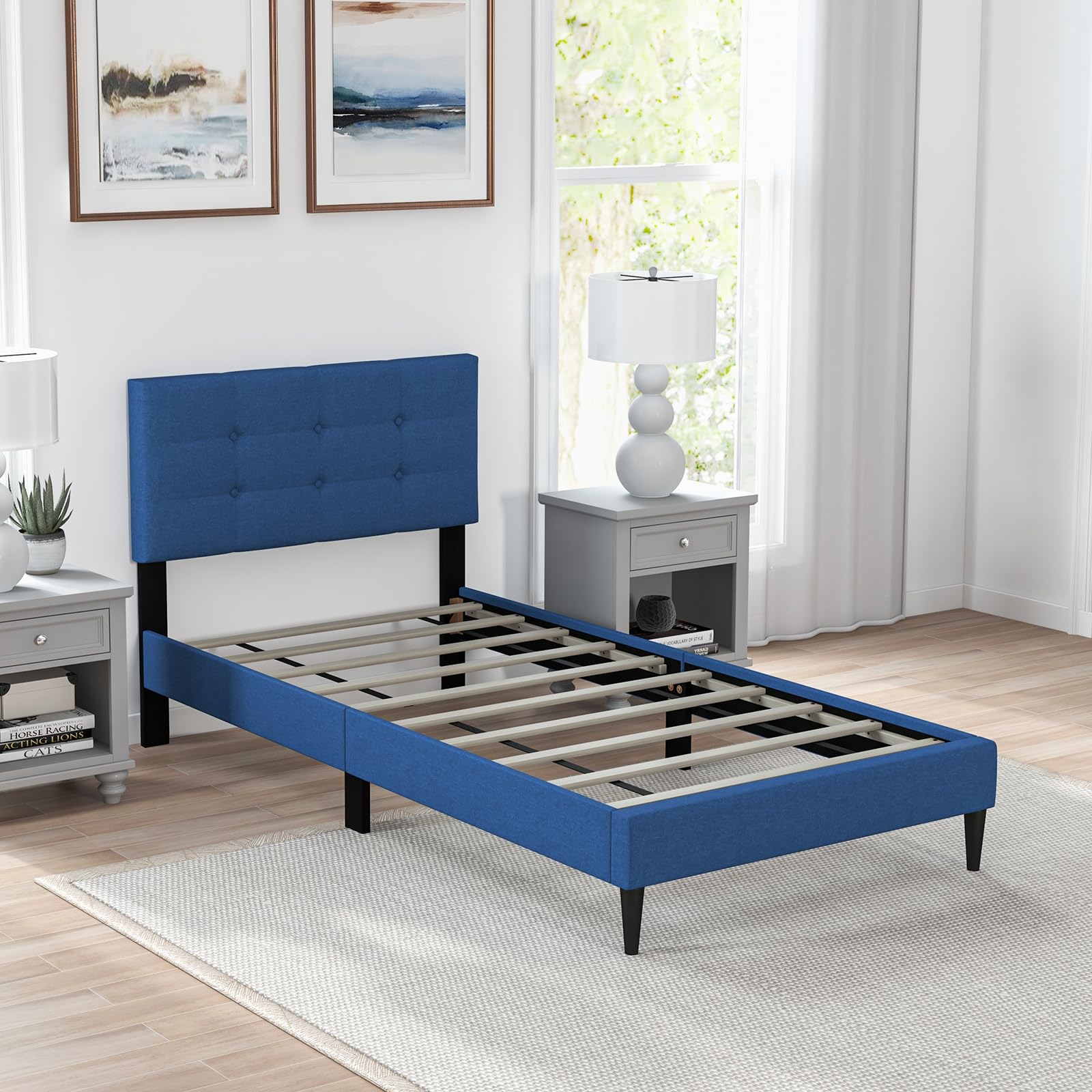 Twin/Queen Size Upholstered Platform Bed Frame with Button Tufted Linen Fabric Headboard