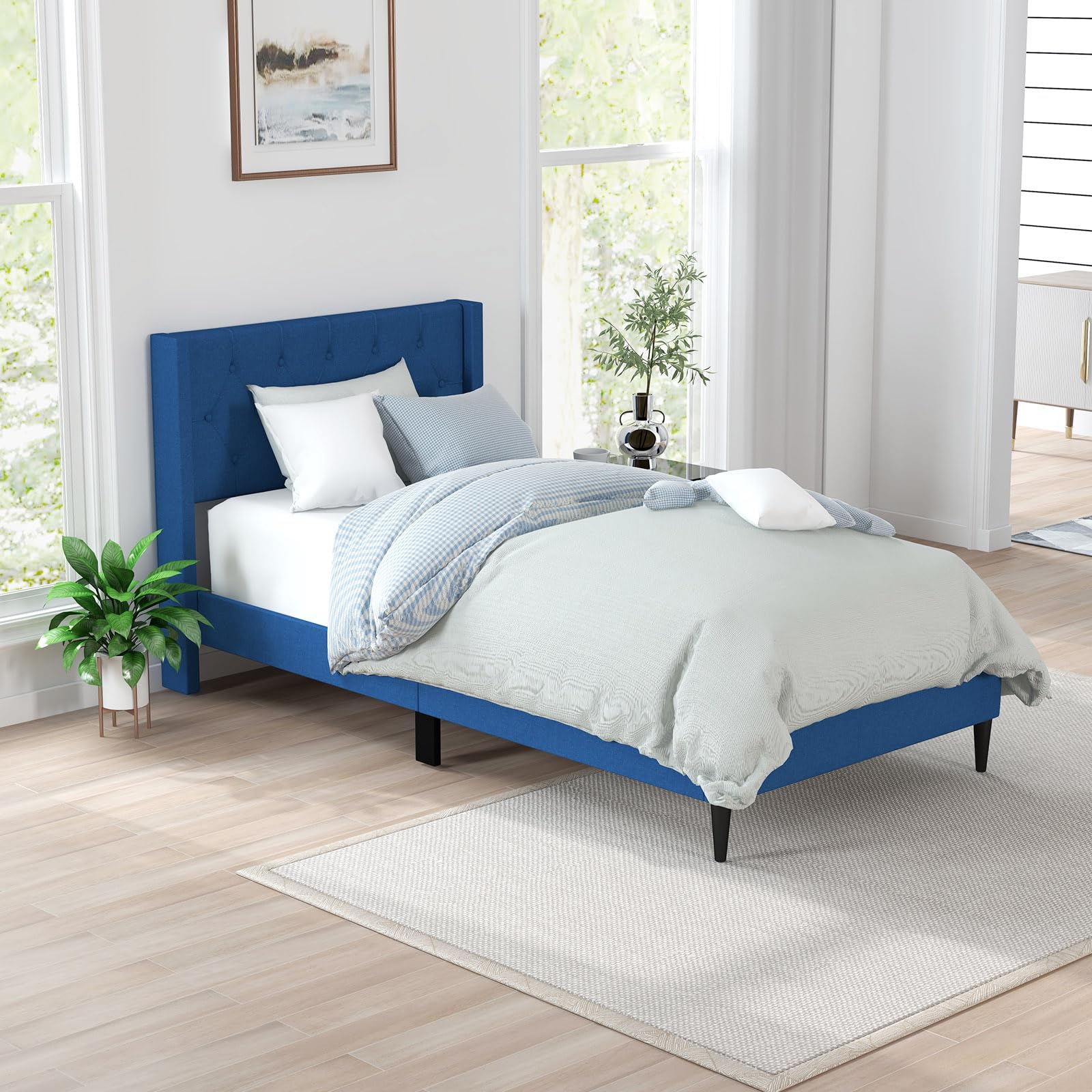 Upholstered Platform Bed with Button Tufted Wingback Headboard