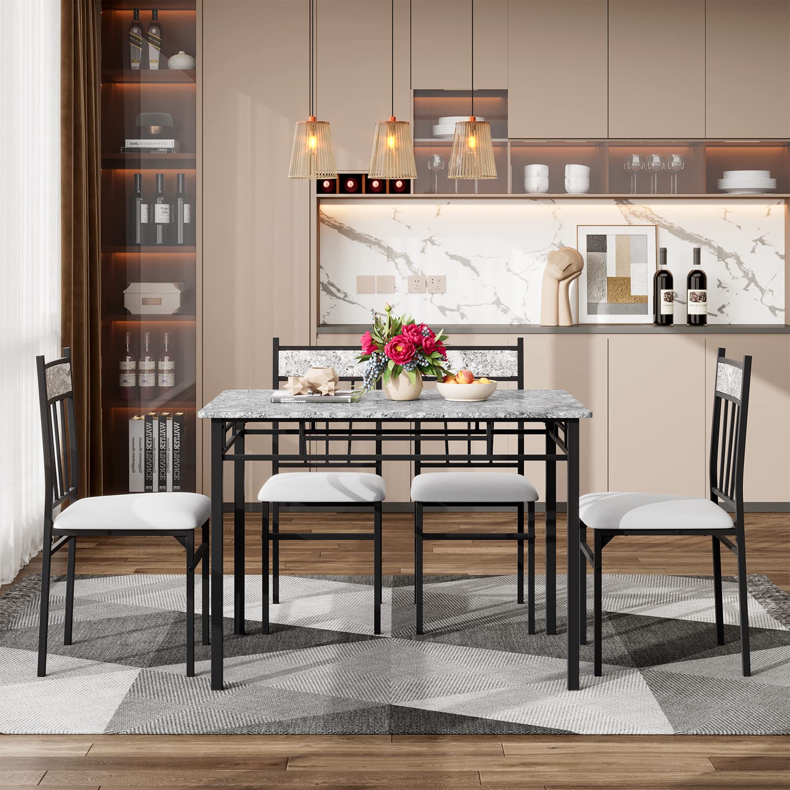 5 Piece Dining Table Set, Modern Rectangular Dining Table & Upholstered Chair Set w/Marble Tabletop