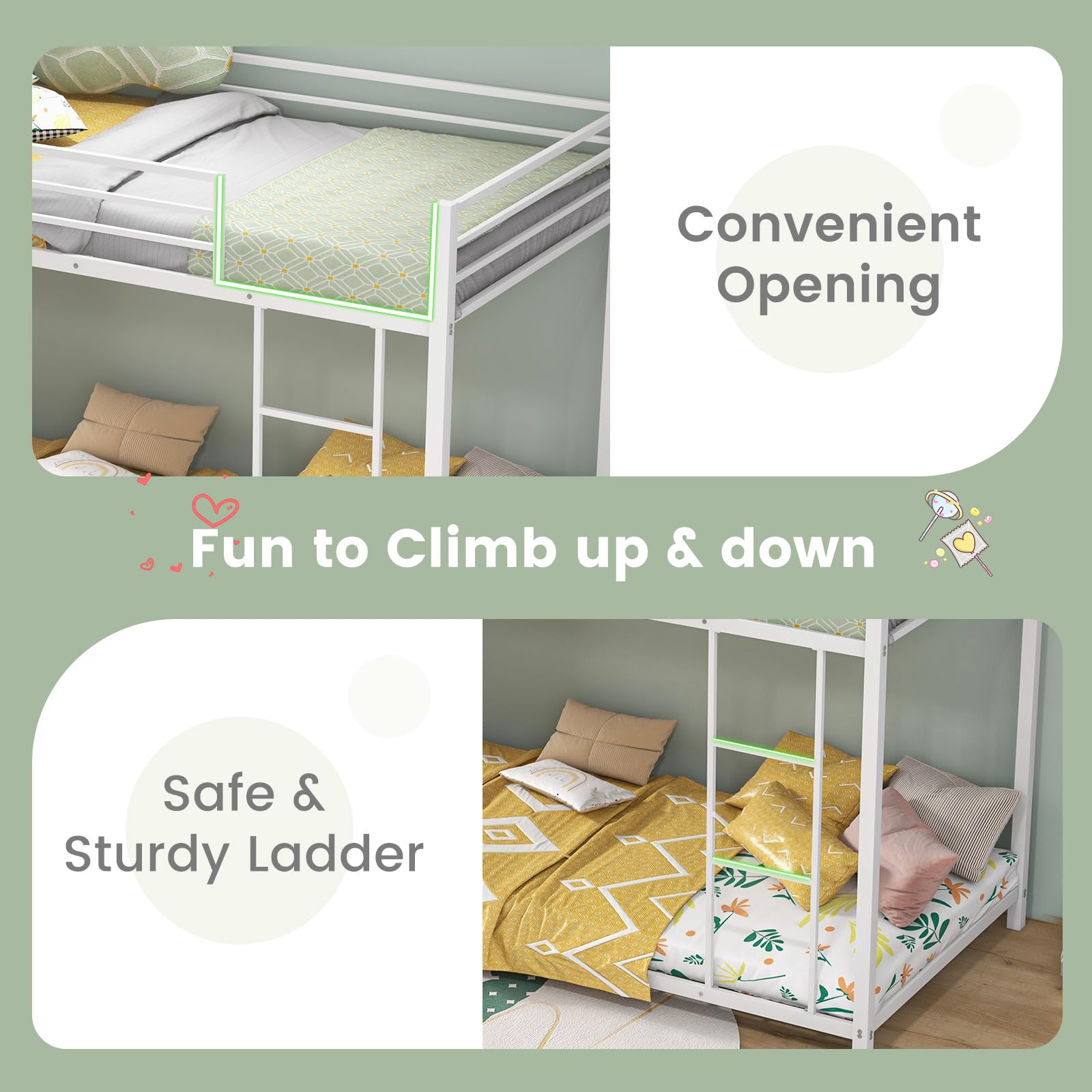 Twin Over Twin Metal Low Floor Bunk Bed with Safety Guard Rail & Ladder