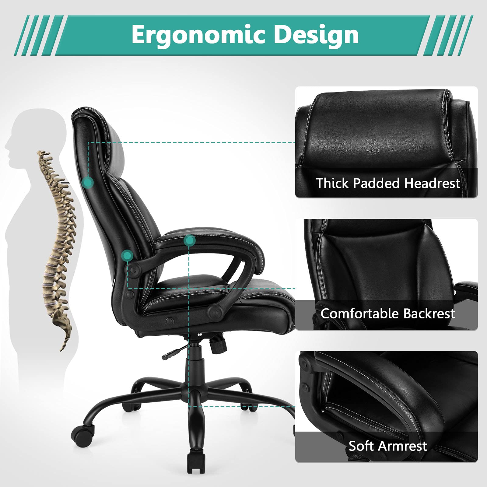 Big and Tall Leather Adjustable Swivel Executive Office Chair with Armrest and Lumbar Support