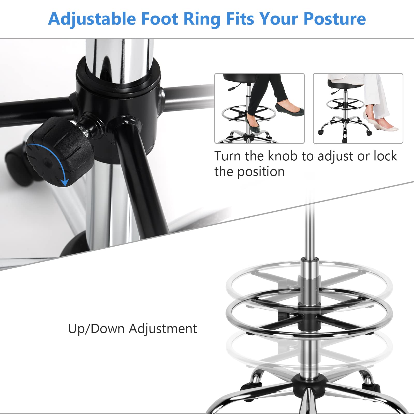 PU Leather Drafting Chair, Tall Office Chair with Retractable Mid Back, Standing Desk Chair with Adjustable Foot Ring