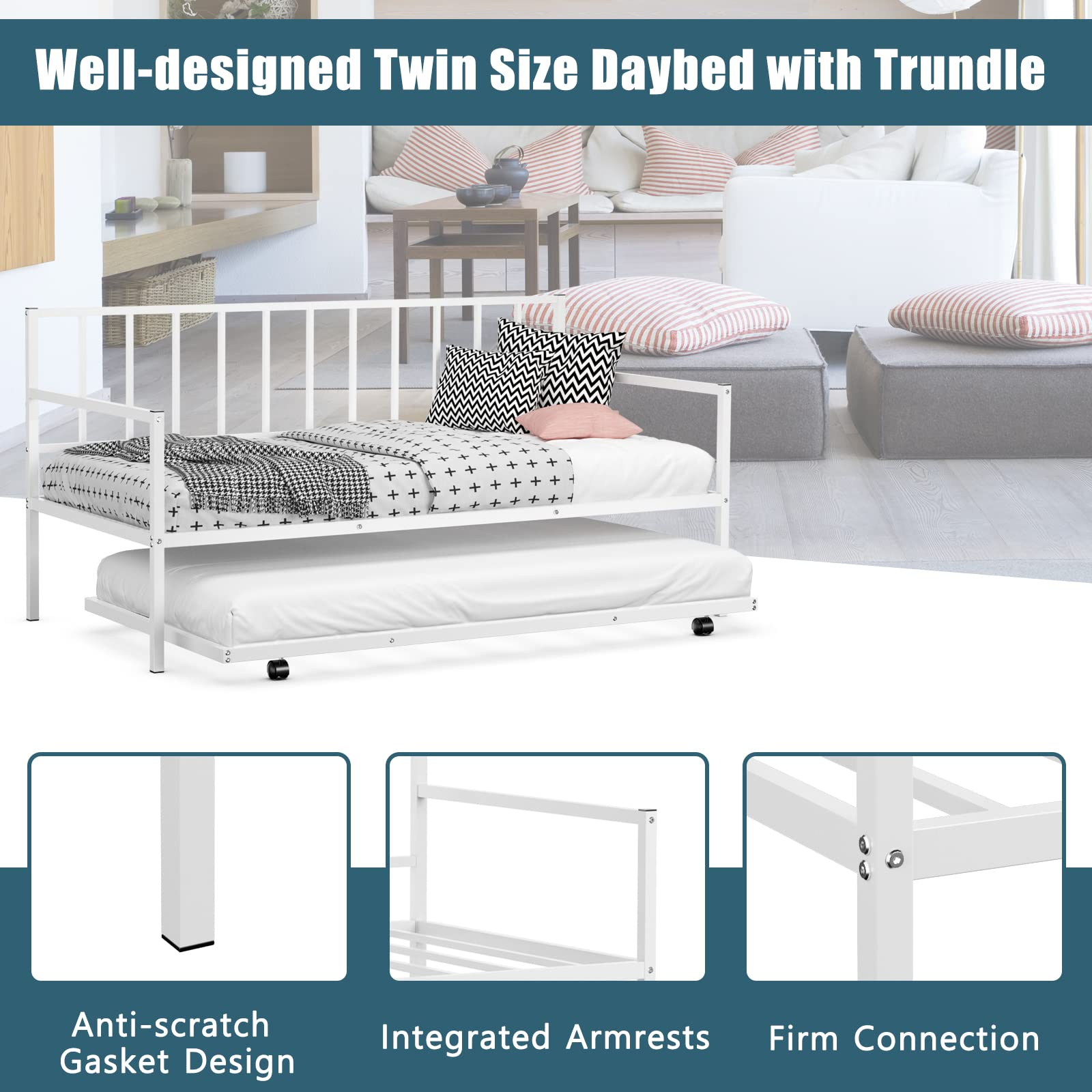 Metal Twin Size Daybed with Trundle