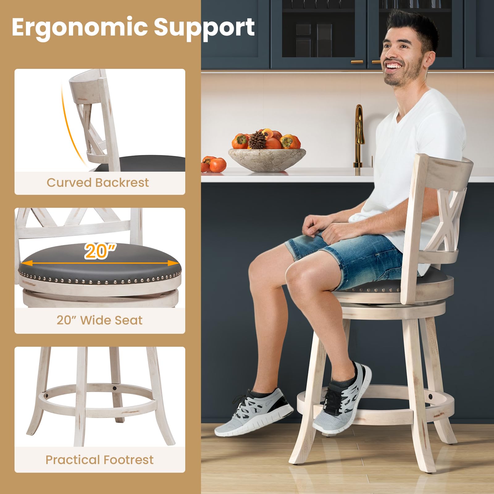 25.5" Bar Stools Set of 2/4, Swivel Counter Height Stools with Back, 20" Wide Padded Seat, Rubber Wood Frame