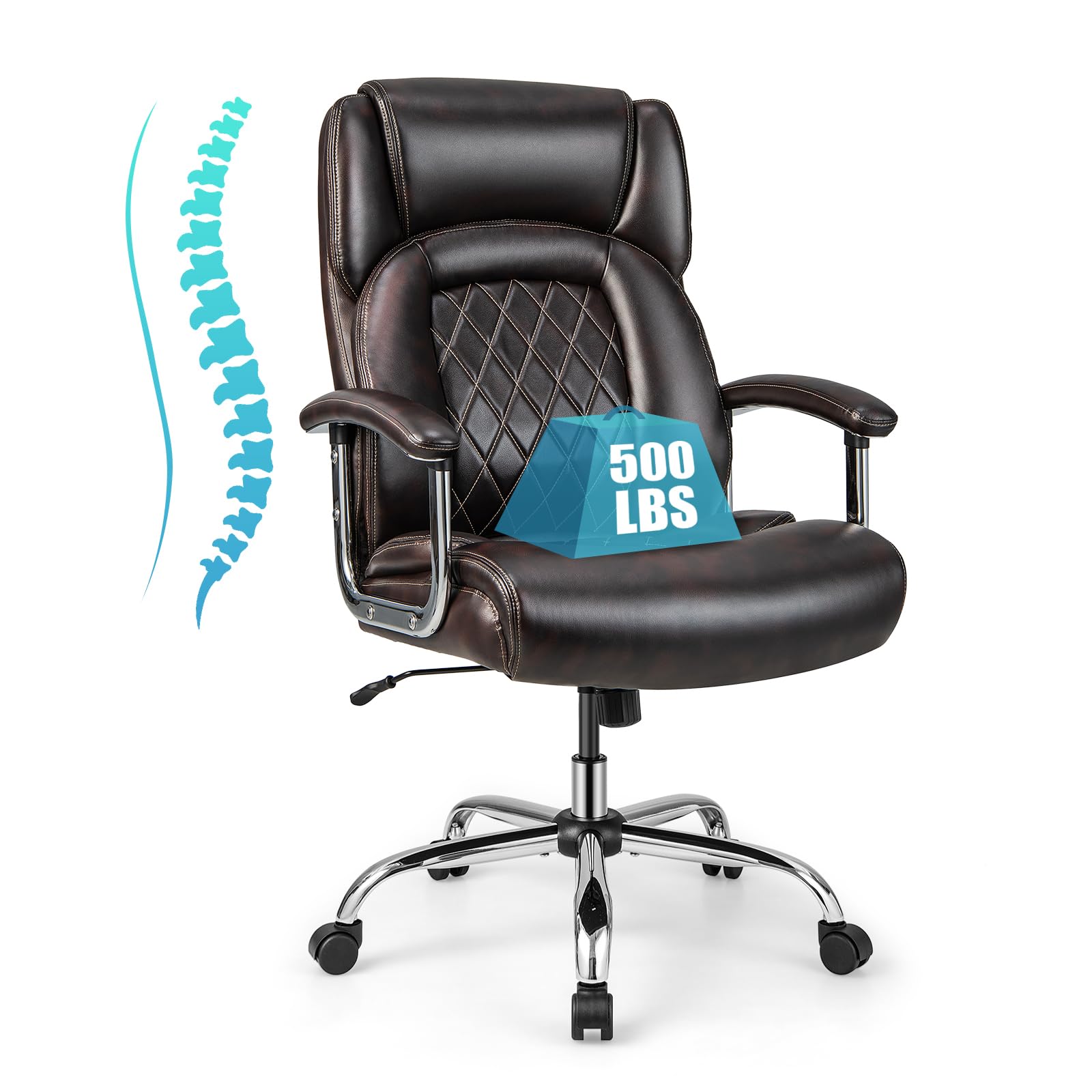 500LBS Big and Tall Office Chair, Wide Seat Large Leather Executive Chair w/Heavy Duty Metal Base