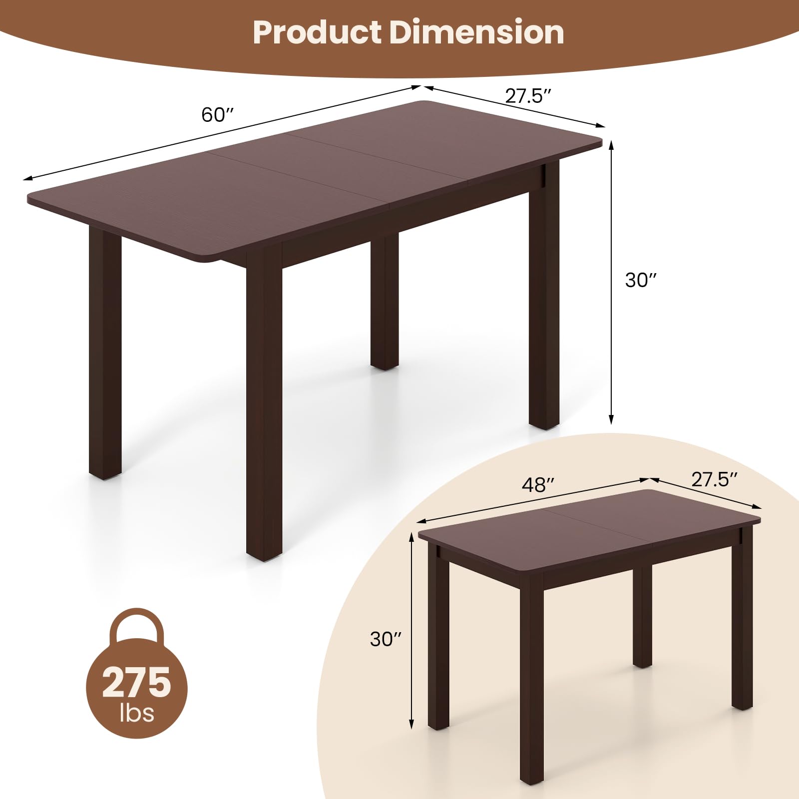 Extendable Dining Table for 4, 60" Folding Kitchen Table w/Rubber Wood Frame & Safety Locks