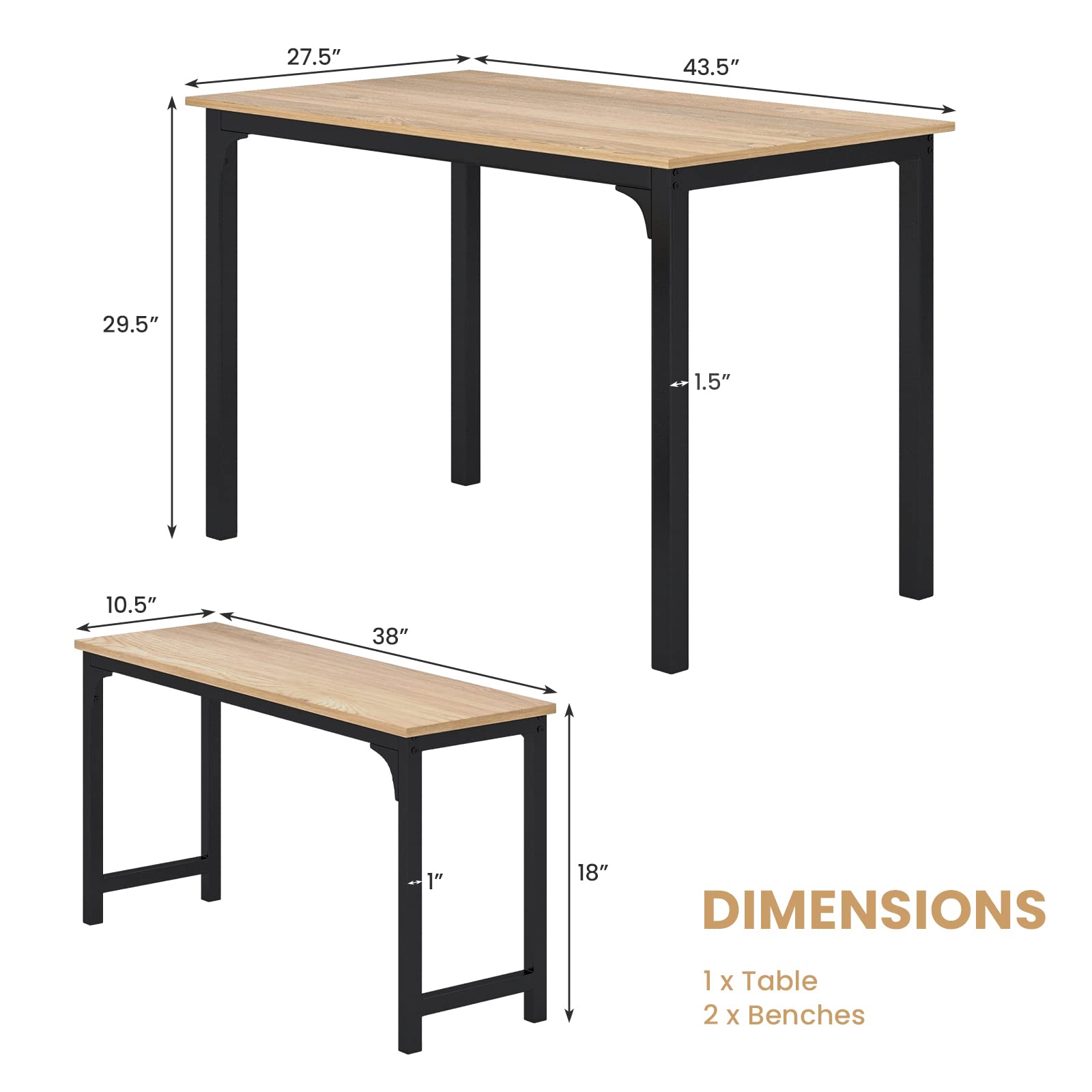 Dining Table Set with 2 Benches, Industrial Kitchen Table & Chairs with Metal Frame