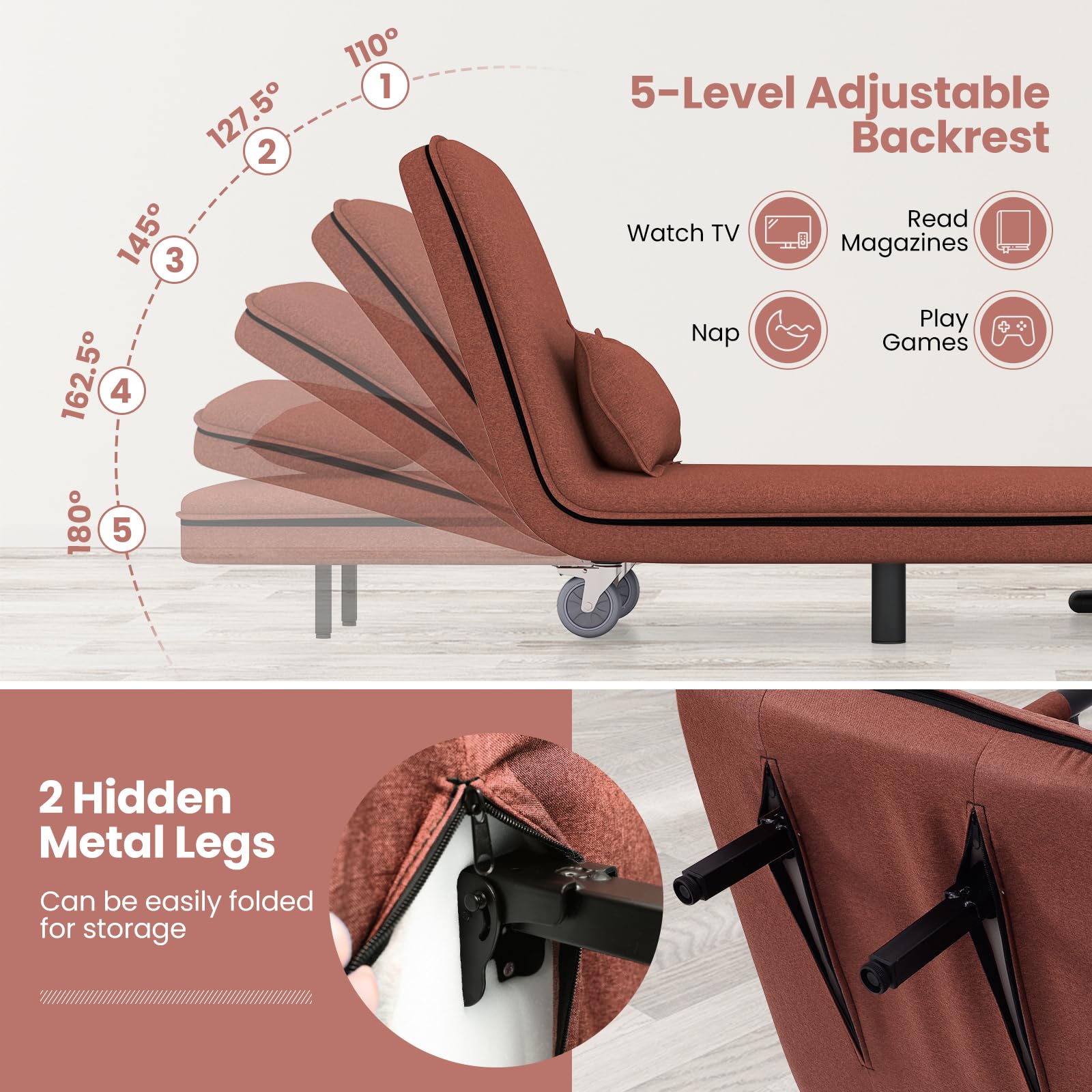 Convertible Chair Bed with 5-Position Adjustable Backrest & Lumbar Pillow, 2 Hidden Metal Legs & 2 Lockable Casters