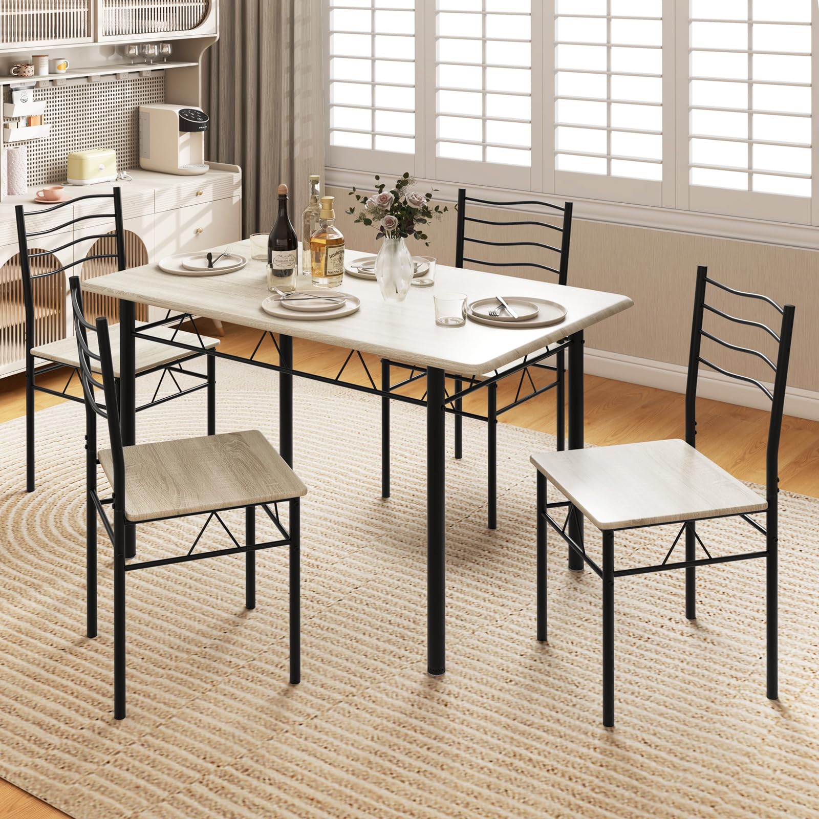 5 Piece Dining Table Set with 4 Chairs, Metal Frame Wood Like Tabletop Kitchen Furniture