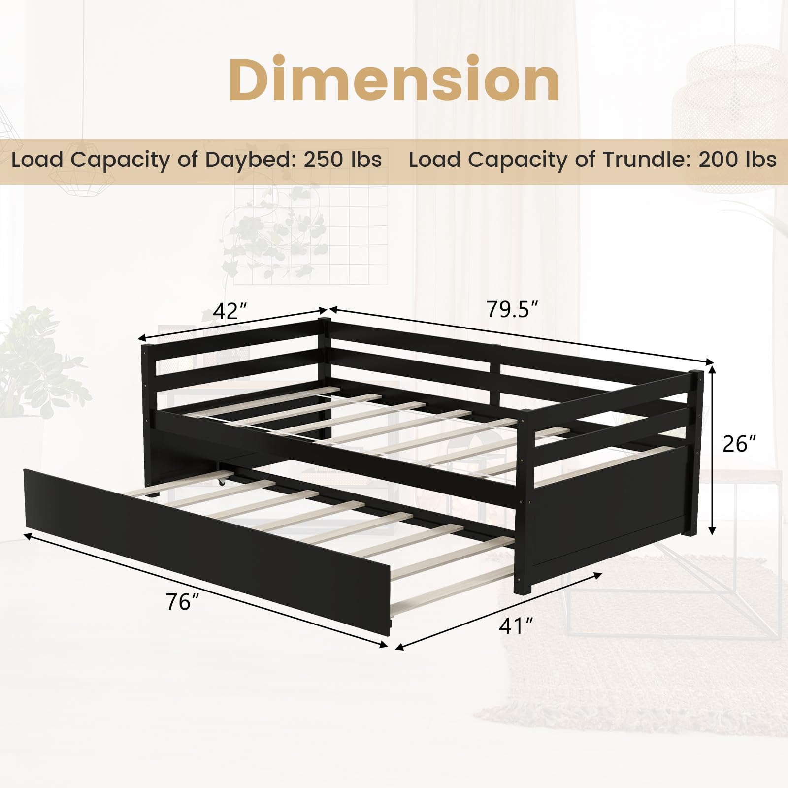 Twin Daybed with Trundle, Wood Trundle Bed with Wood Slat Support