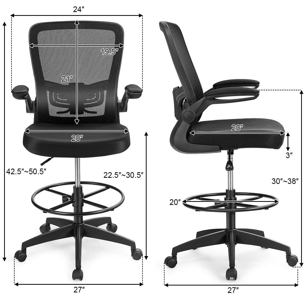 Drafting Chair, Ergonomic Tall Office Chair with Adjustable Lumbar Support & Footrest Ring