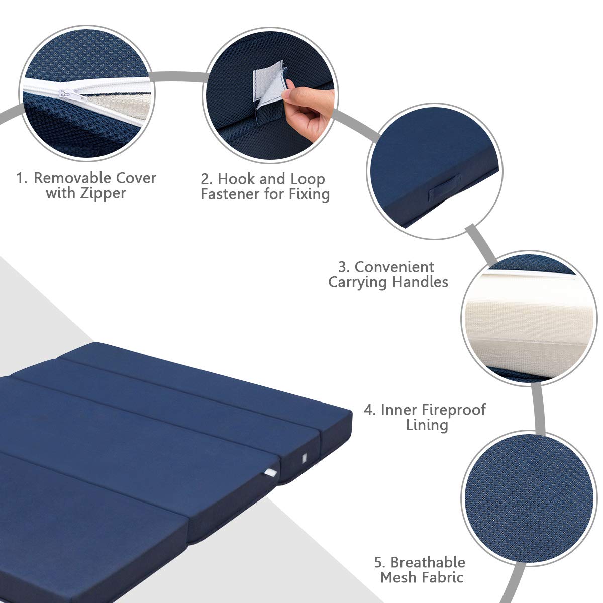 4 Inch Tri Folding Mattress, Foam Mattress with Carrying Handles and Removable Washable Fabric