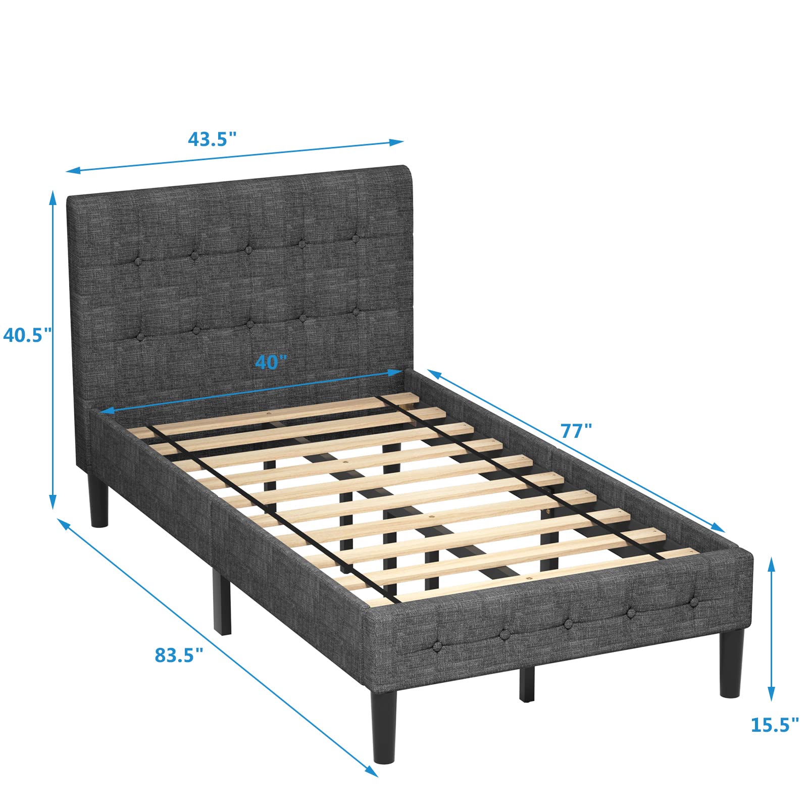 Twin Size Upholstered Bed Frame, Modern Mattress Foundation with Solid Wood Slats Support