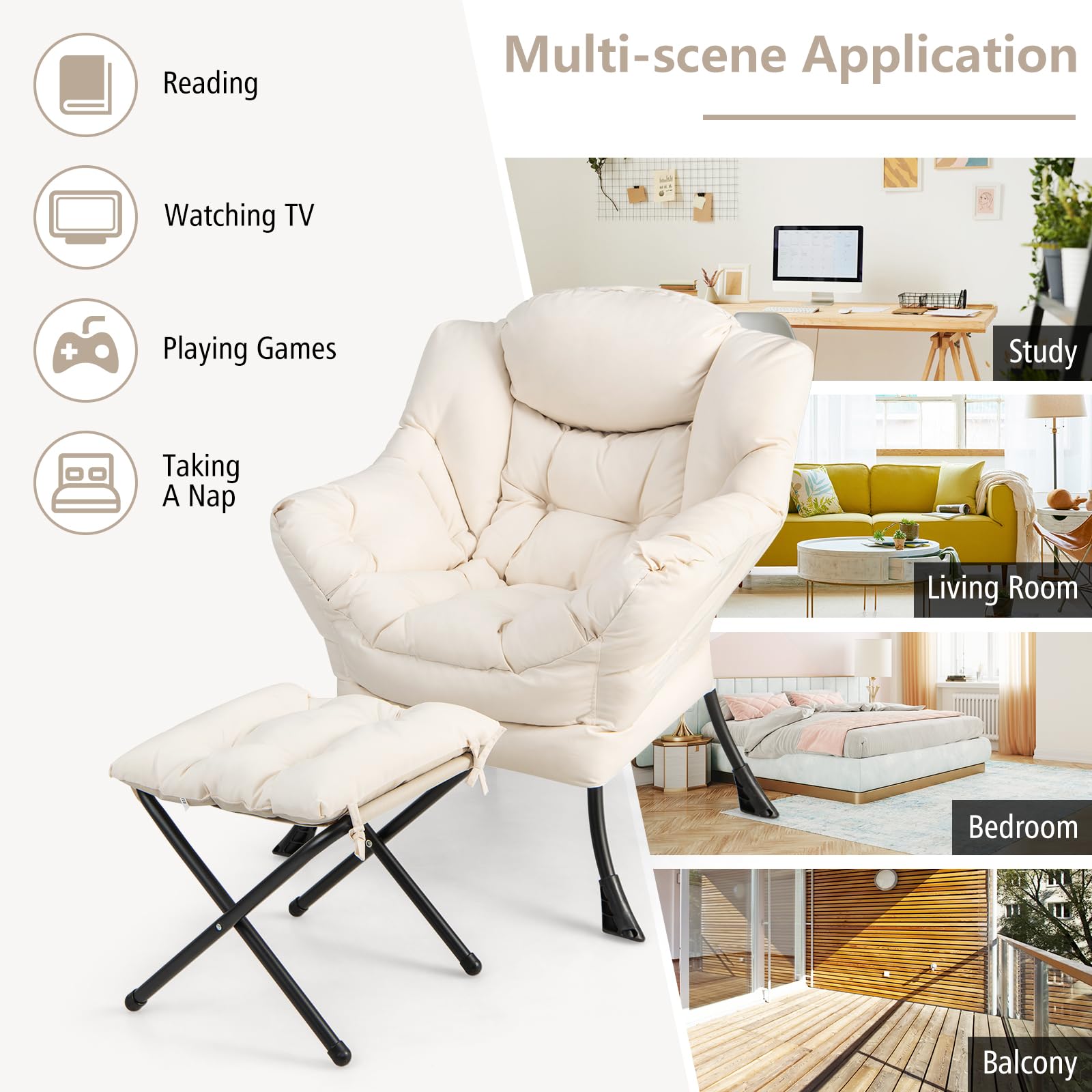 Lazy Sofa Chair with Ottoman, Upholstered Leisure Lounge Armchair with Folding Footrest, Side Storage Pocket