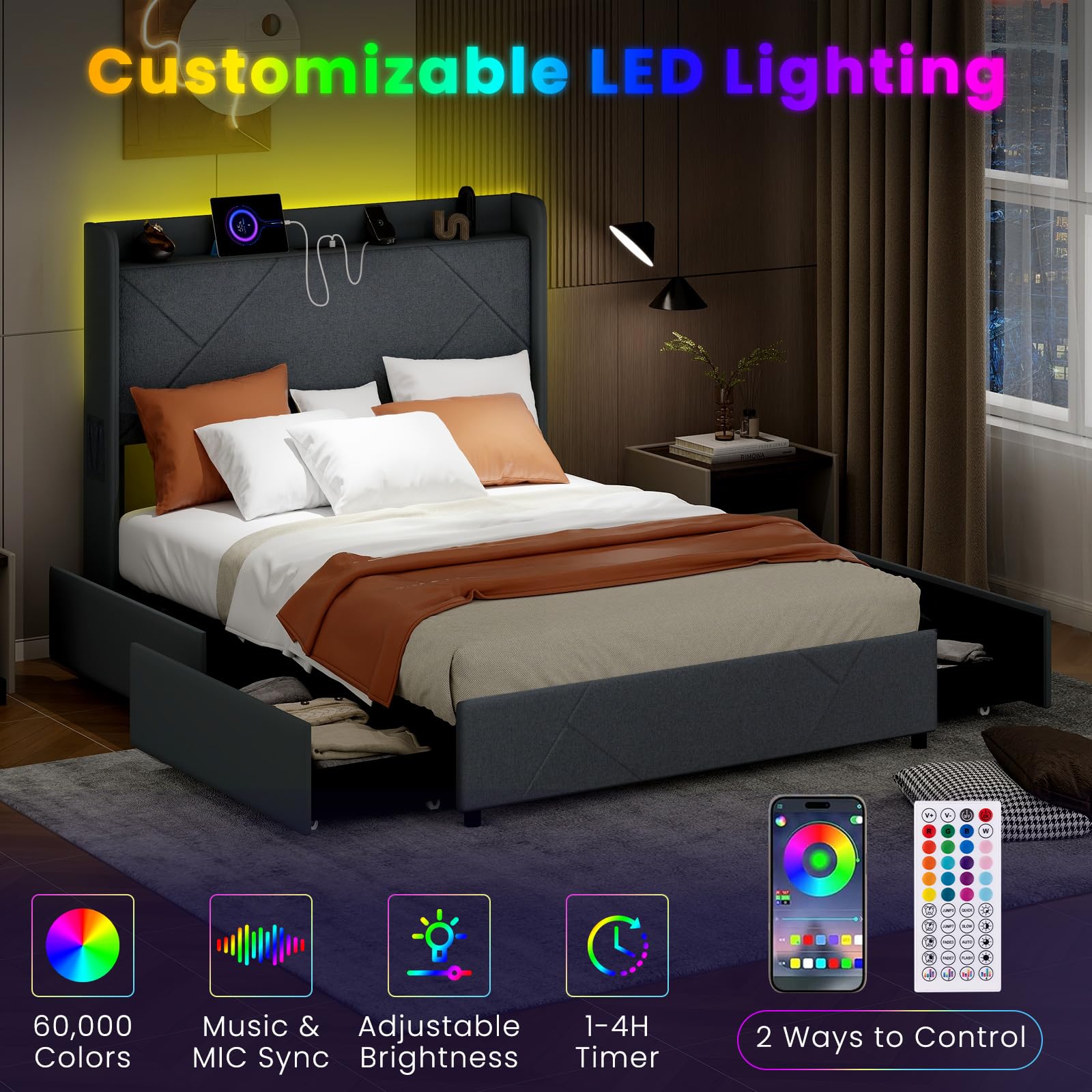 Upholstered Bed Frame with 4 Storage Drawers & LED Lights, Wingback Headboard & Charging Station
