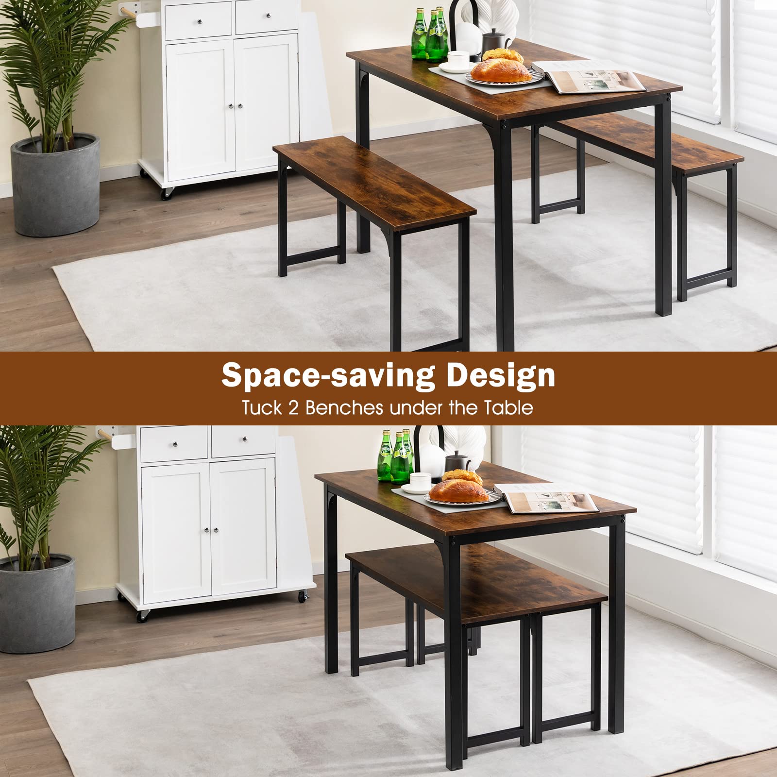 Dining Table Set for 4, 3-Piece Kitchen Table with 2 Benches