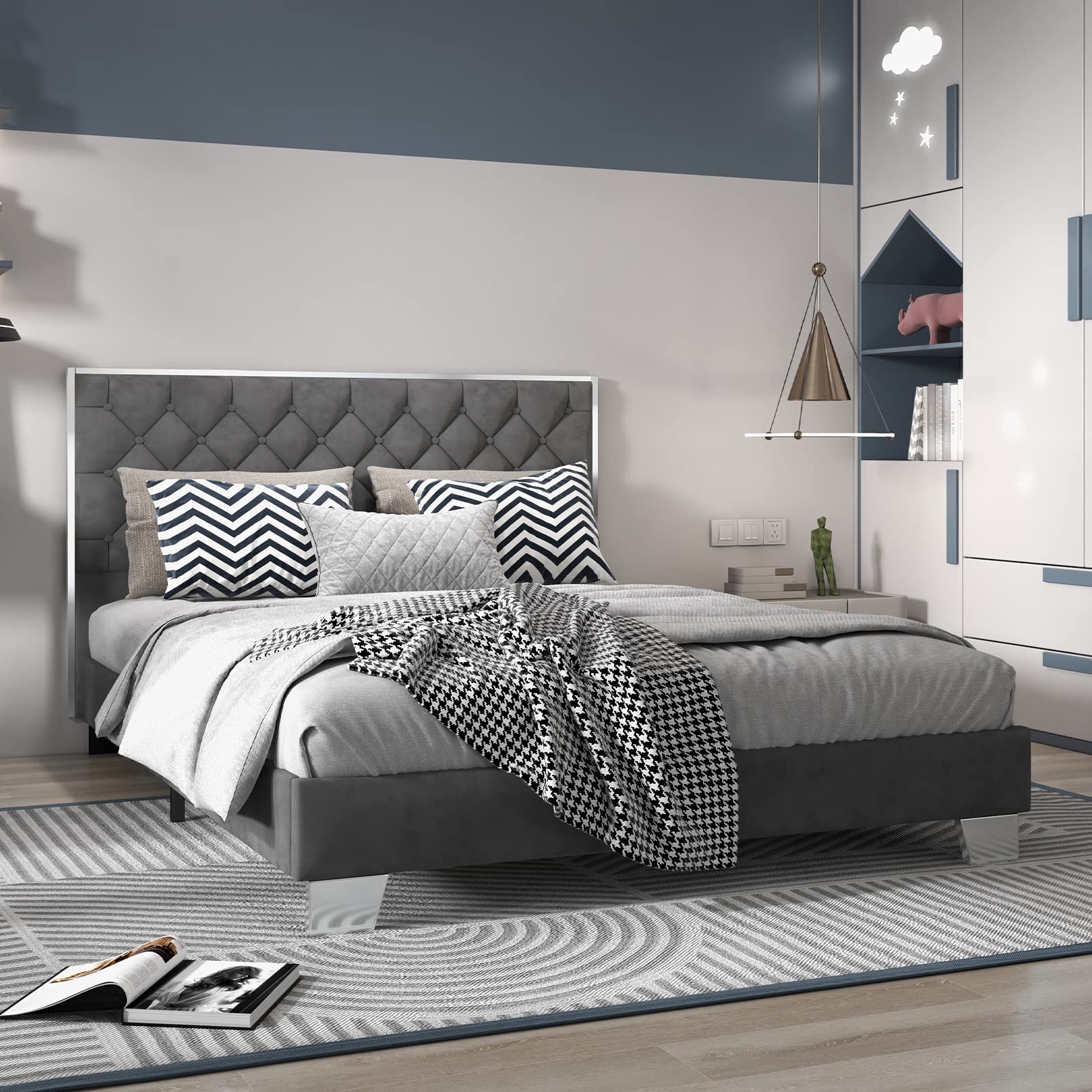Full Size Upholstered Bed Frame with Button Tufted Headboard