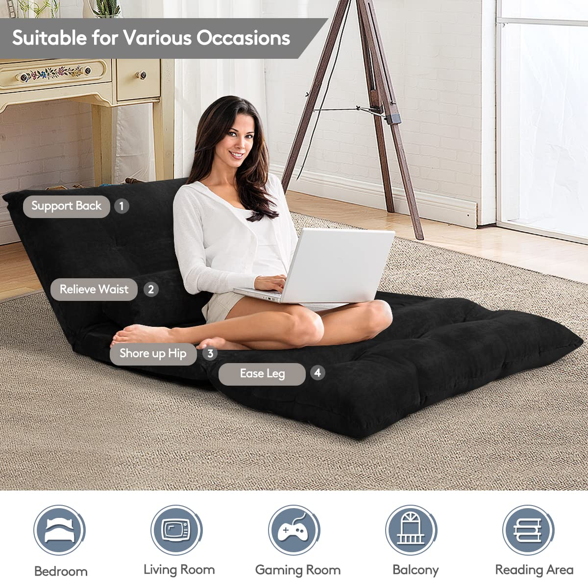 Multi-Functional 6-Position Foldable Lazy Floor Sofa with 2 Pillows