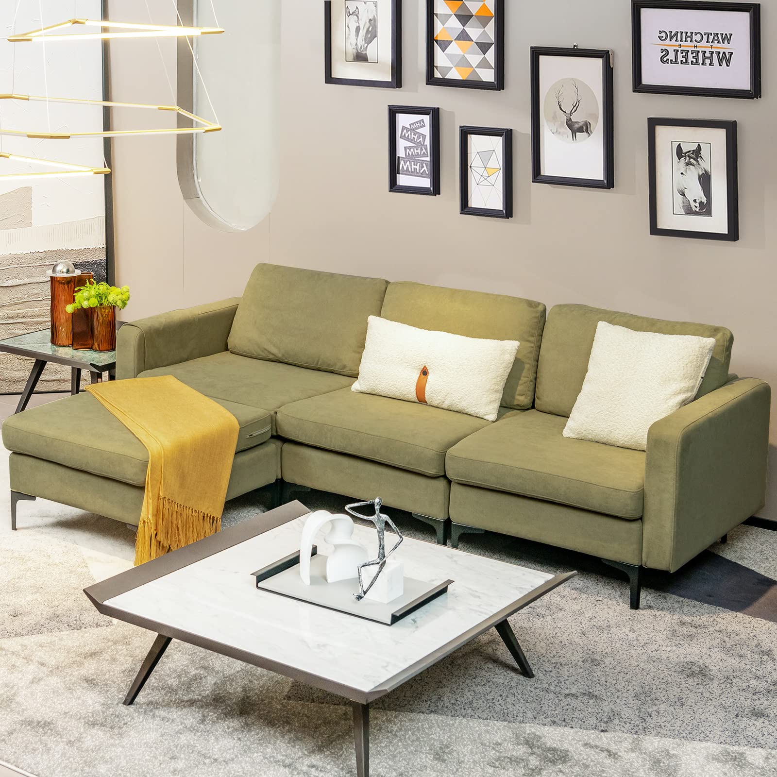 Convertible Sectional Sofa Couch, 3-Seat L Shaped Couch with Reversible Ottoman, Built-in Socket & USB Ports