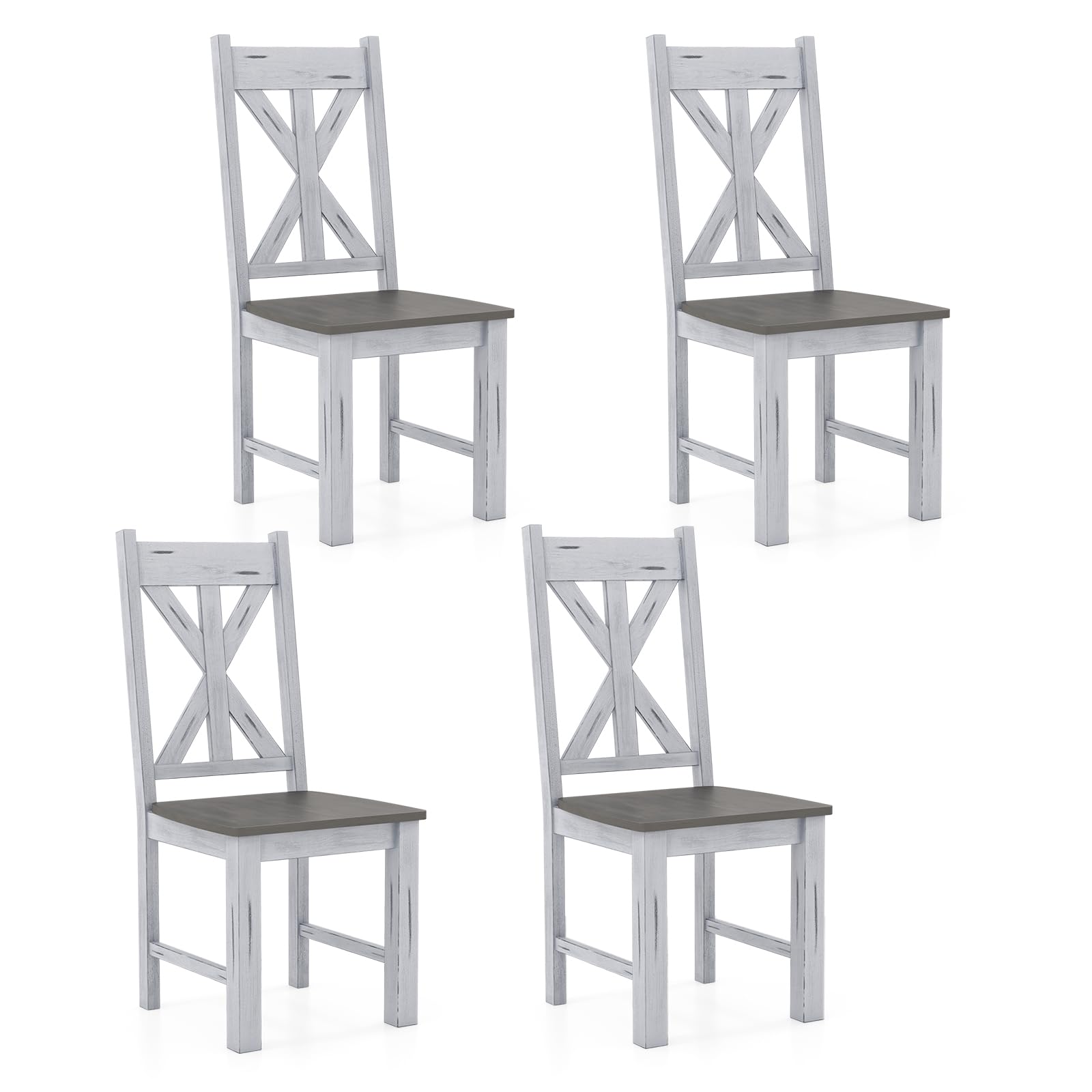 Retro Wooden Dining Chairs Set of 2/4, Farmhouse Kitchen Chairs w/Rubber Wood Frame, Elegant Hollowed Backrest