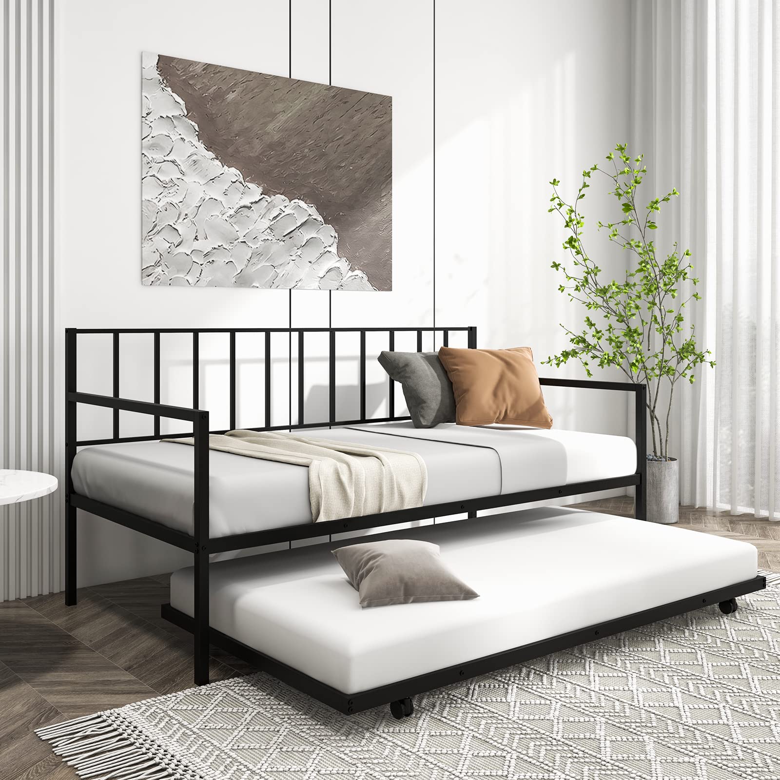 Twin Metal Daybed with Trundle, Metal Sofa Bed & Pull-Out Trundle Set with Lockable Casters