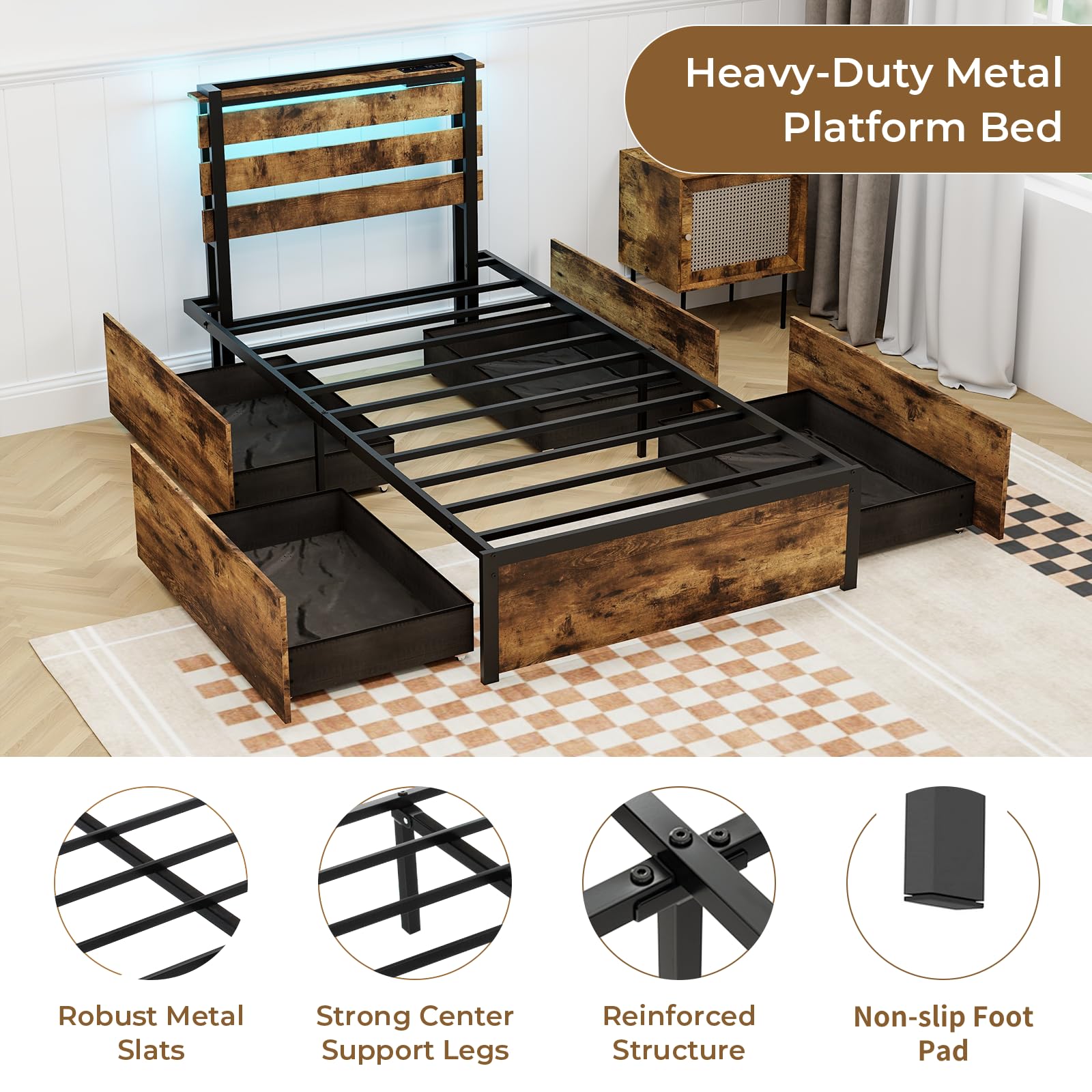 Industrial Bed Frame with 4 Drawers & LED Lights Headboard