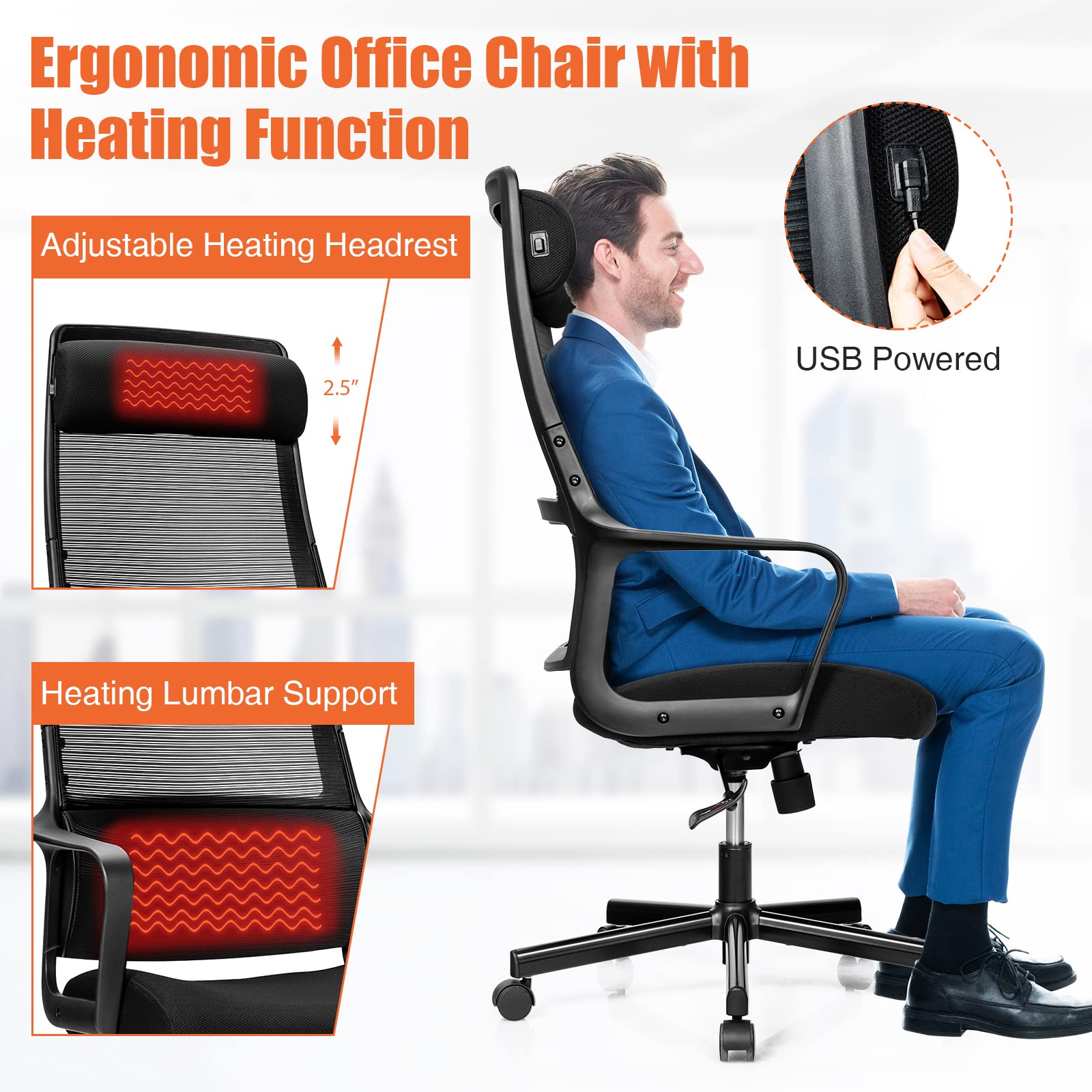 High Back Mesh Heating Headrest and Lumbar Support Armrest, Ergonomic Computer, Executive Task Home Office Desk Chairs
