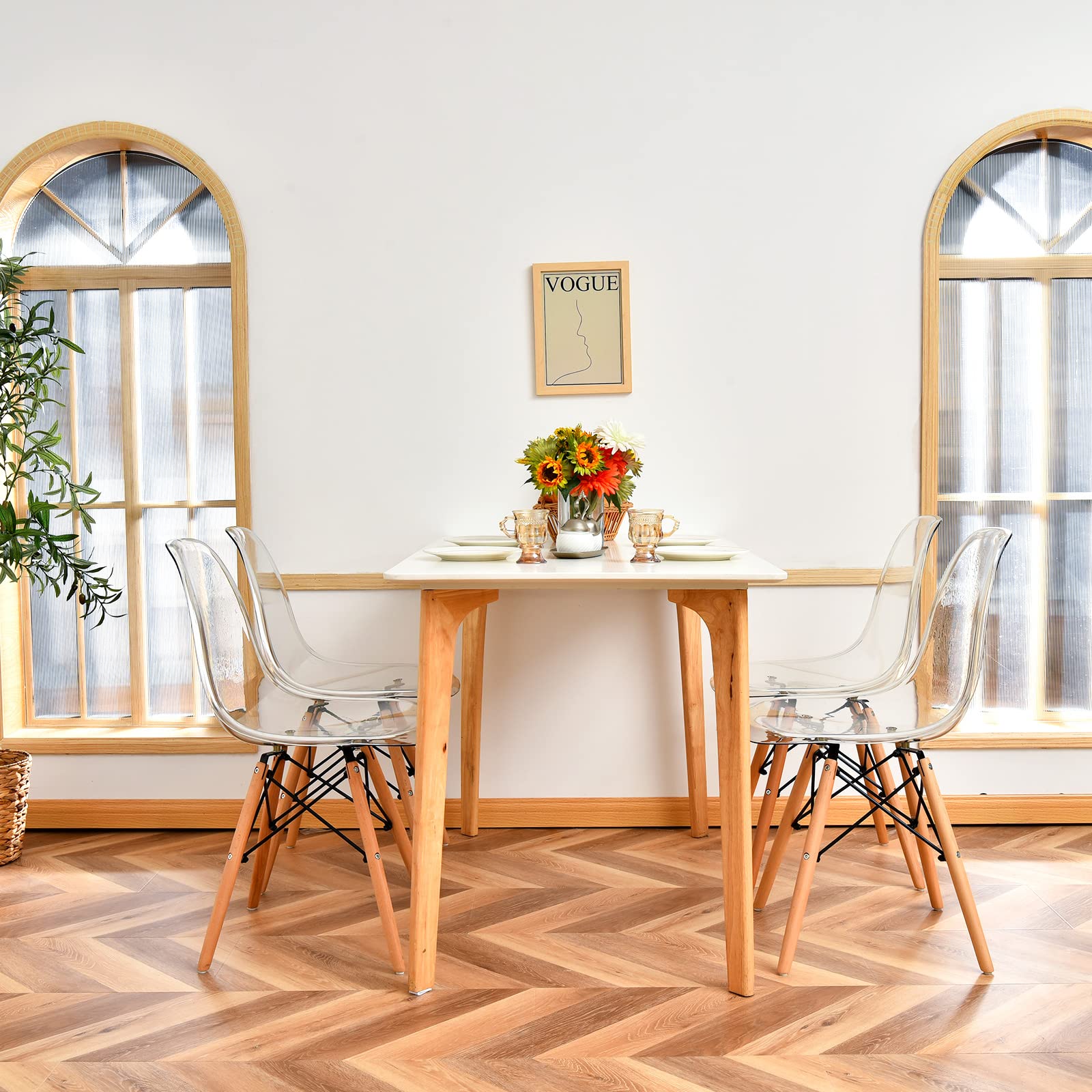 Clear Acrylic Dining Chairs Set of 4 with Beech Wood Legs