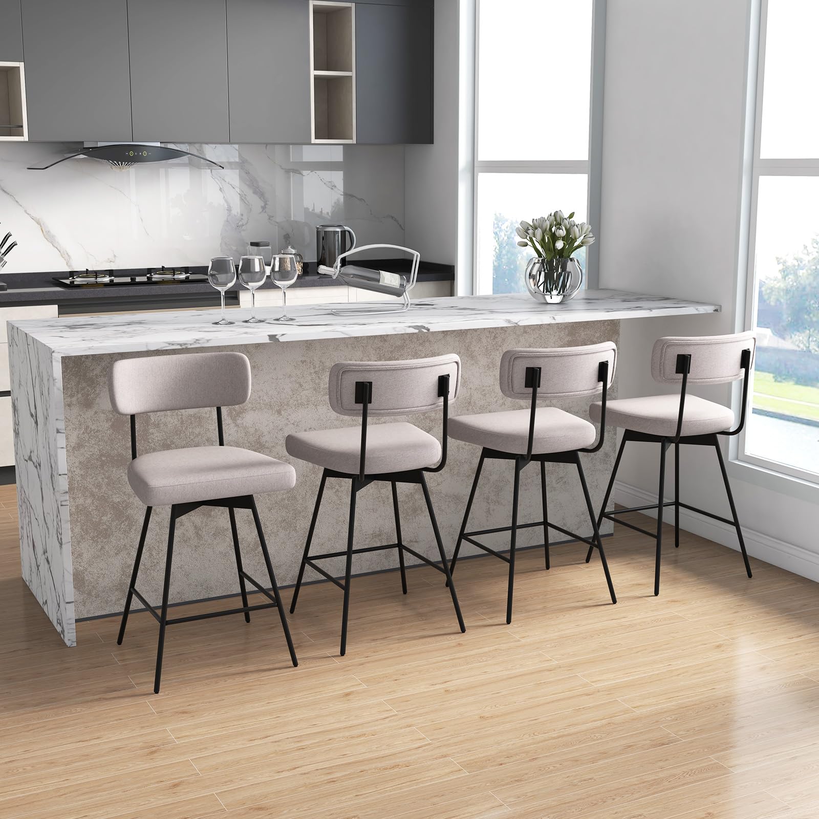 Bar Stools Set of 2/4, 25&rdquo; Upholstered Counter Height Bar Stools with Back
