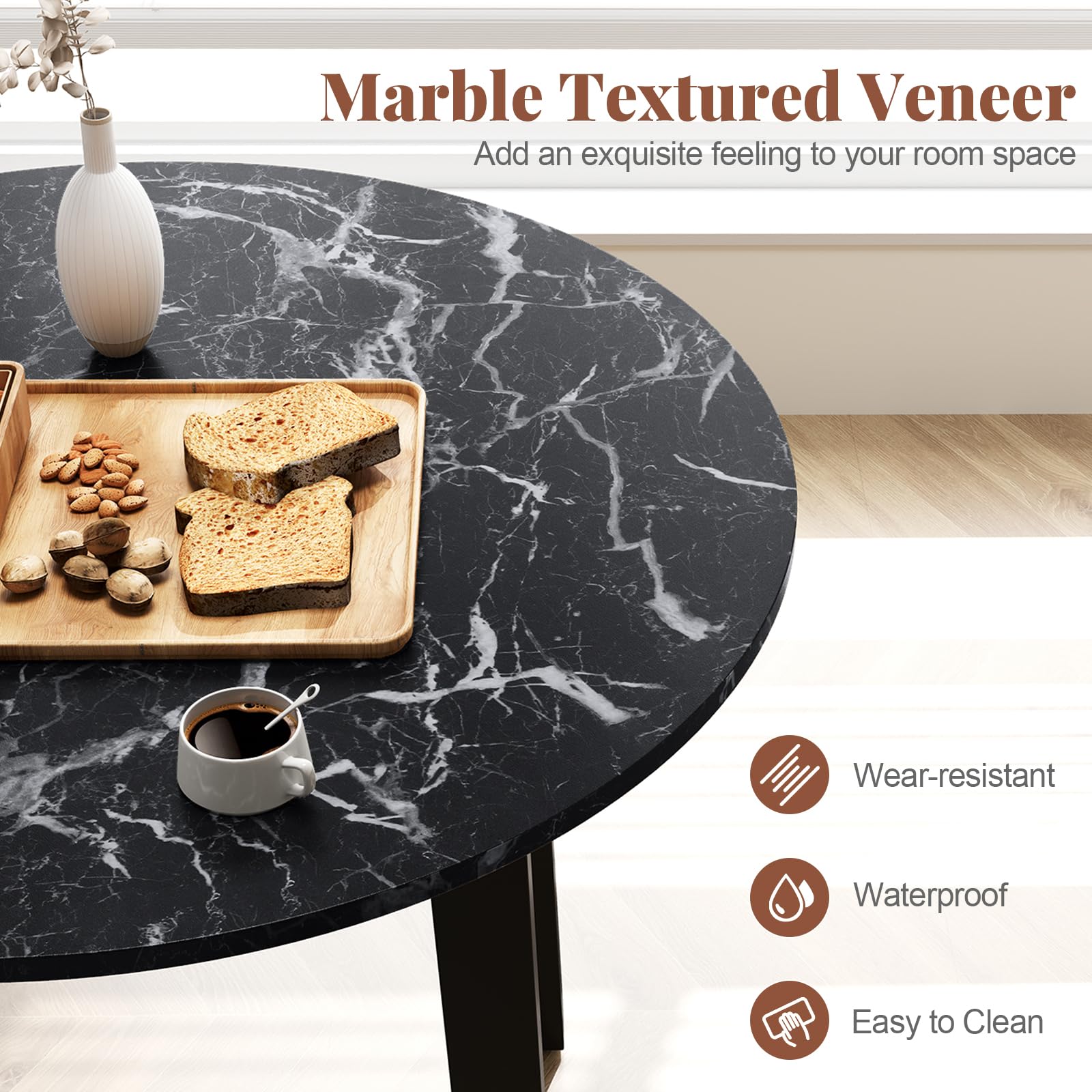 35&rdquo; Round Dining Table - Kitchen Table with Rubber Wood Legs, Marble-Textured Veneer Tabletop