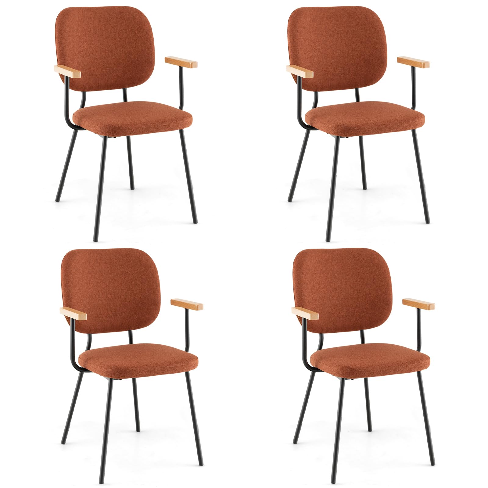 Modern Fabric Dining Chair Set of 2/4, Padded Armchairs with Linen Fabric, Sturdy Metal Legs, Curved Backrest