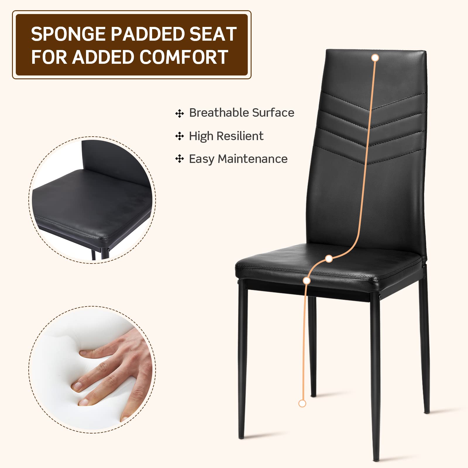 Set of 4 Dining Chairs, High Back Dining Side Chairs w/PVC Leather & Non-Slip Feet Pads