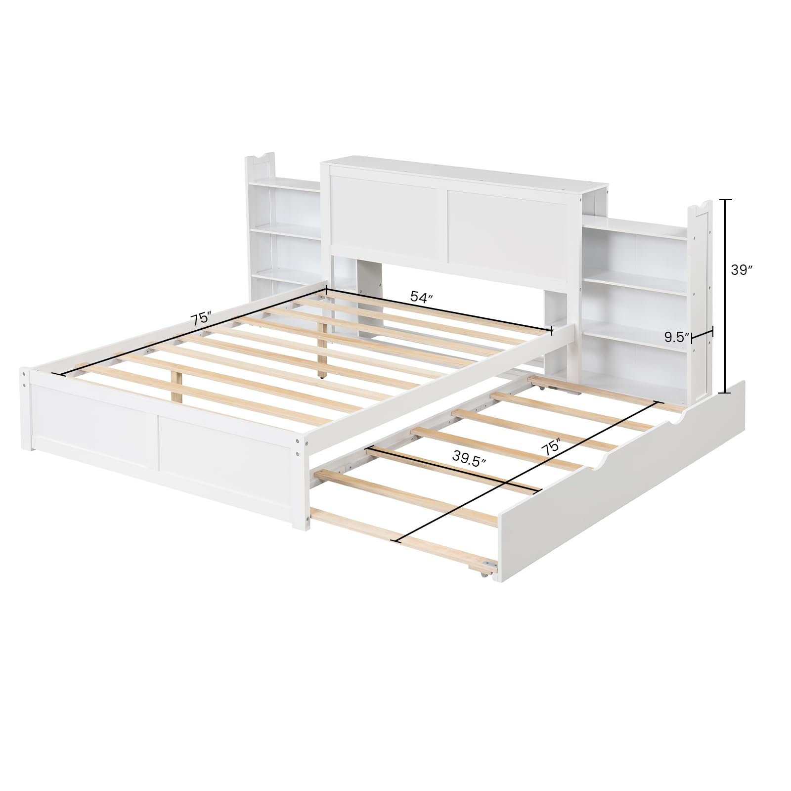 Twin Wood Daybed with Trundle with 2 Rolling Bookcases & High Headboard
