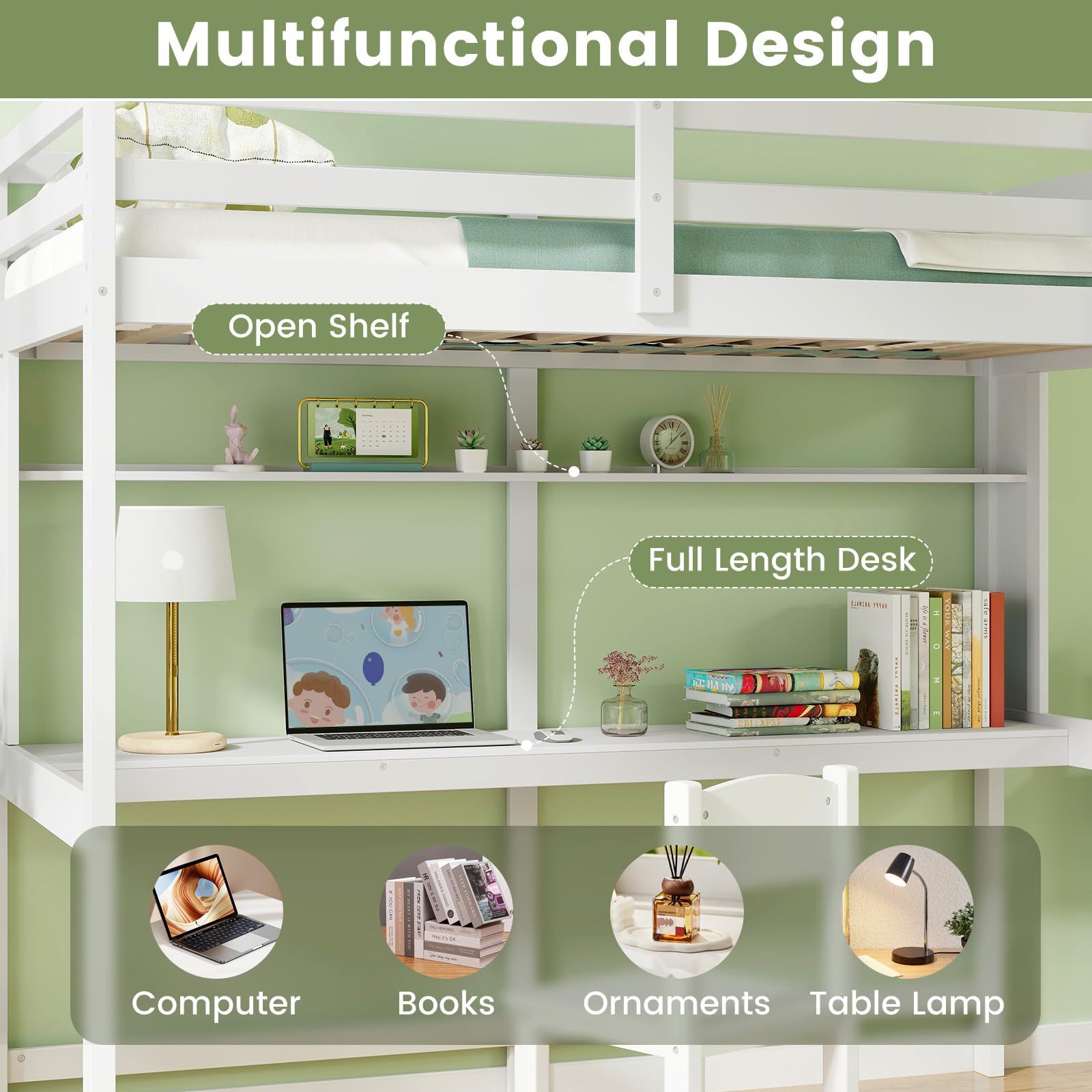 Twin Size Loft Bed with Desk, Bookshelf, Full Length Safety Guardrail & Ladder