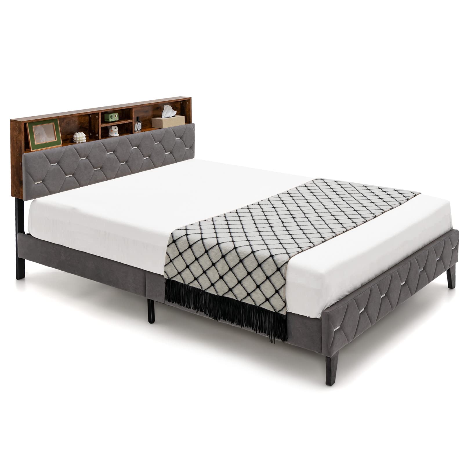 Upholstered Full/Queen Bed Frame with Storage Headboard, Platform Bed Frame