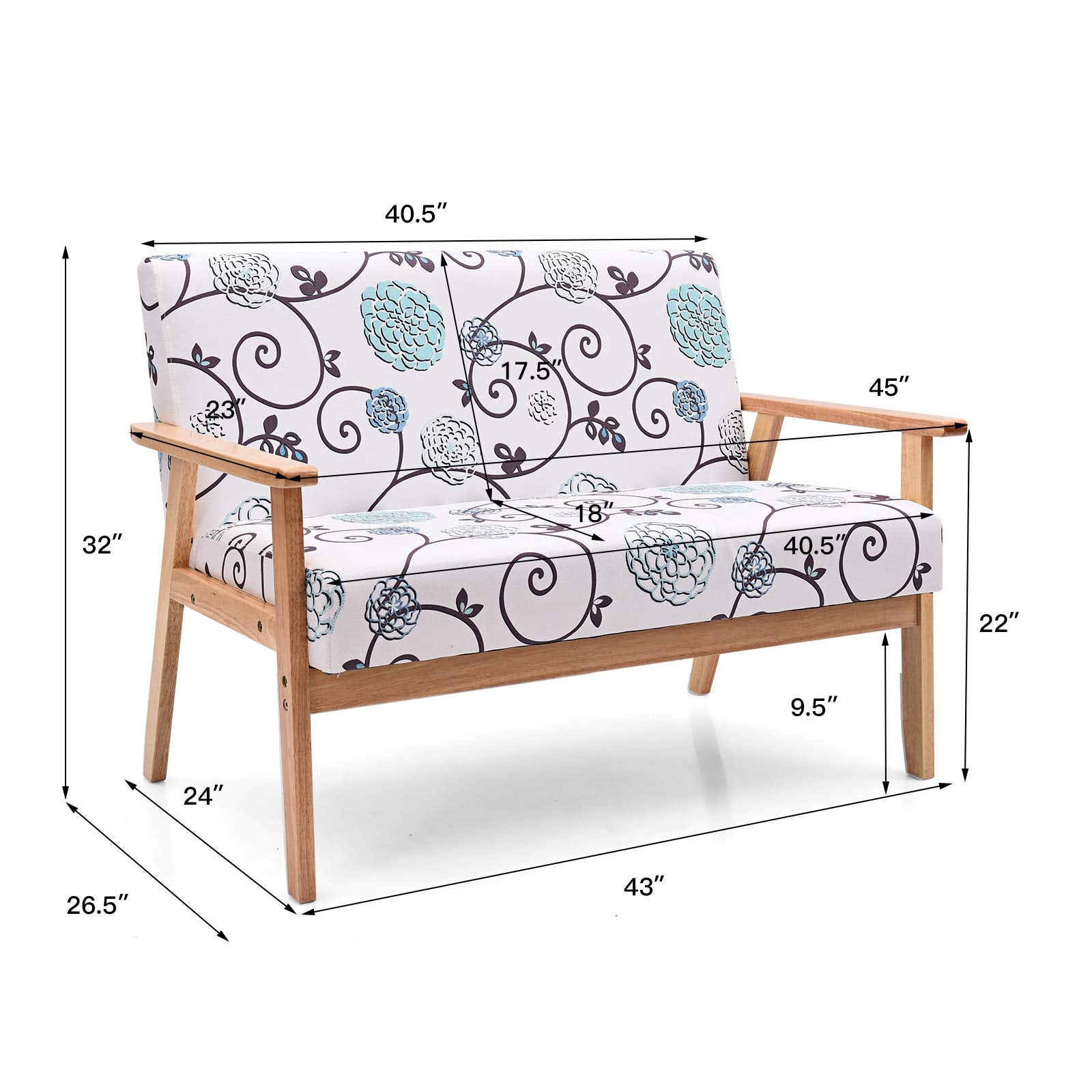 2-Seat Mid-Century Upholstered Wooden Loveseat w/Rubber Wood