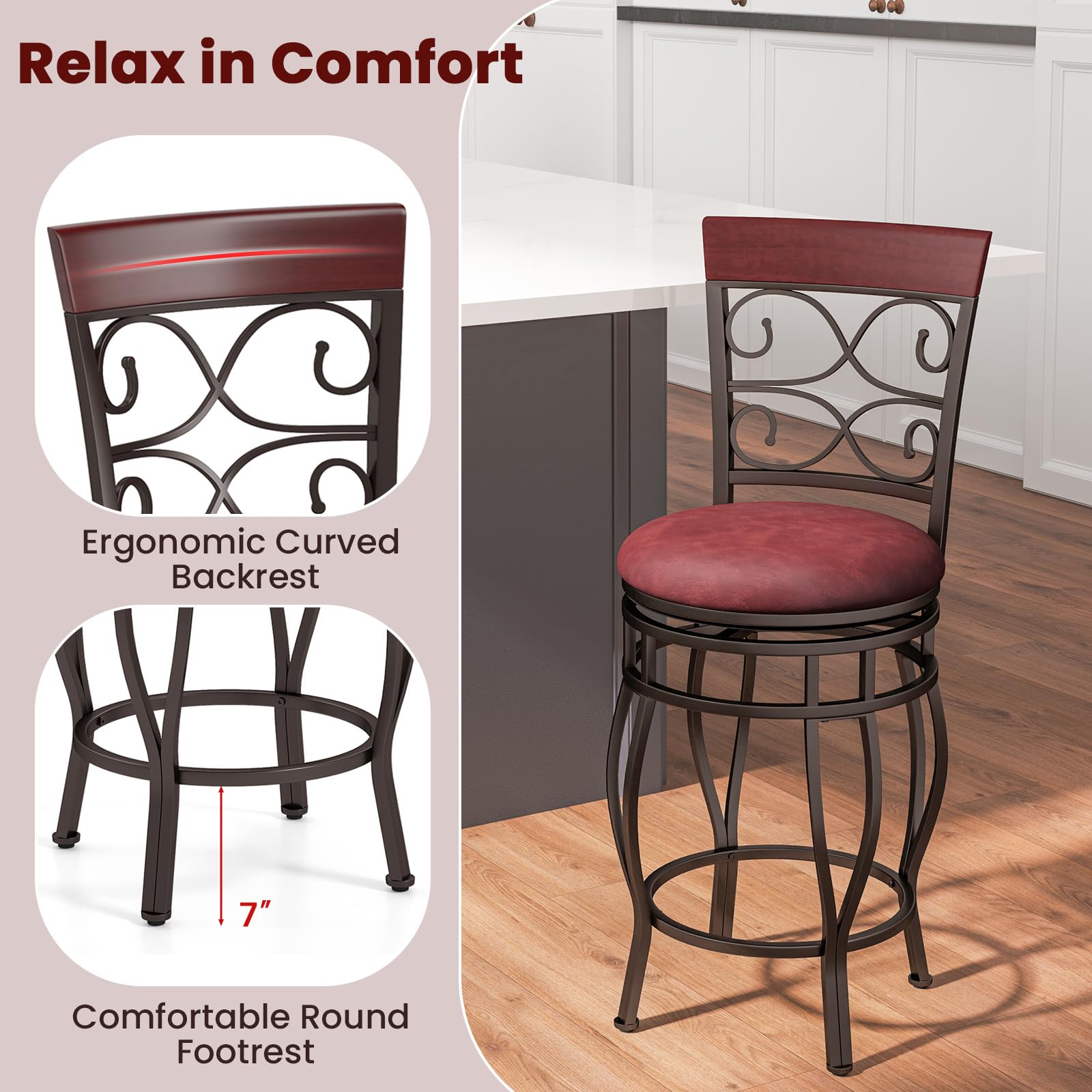 Swivel Bar Stools Set of 2/4, Counter Height Bar Stools with Back, Upholstered PU Leather Seat, Footrest