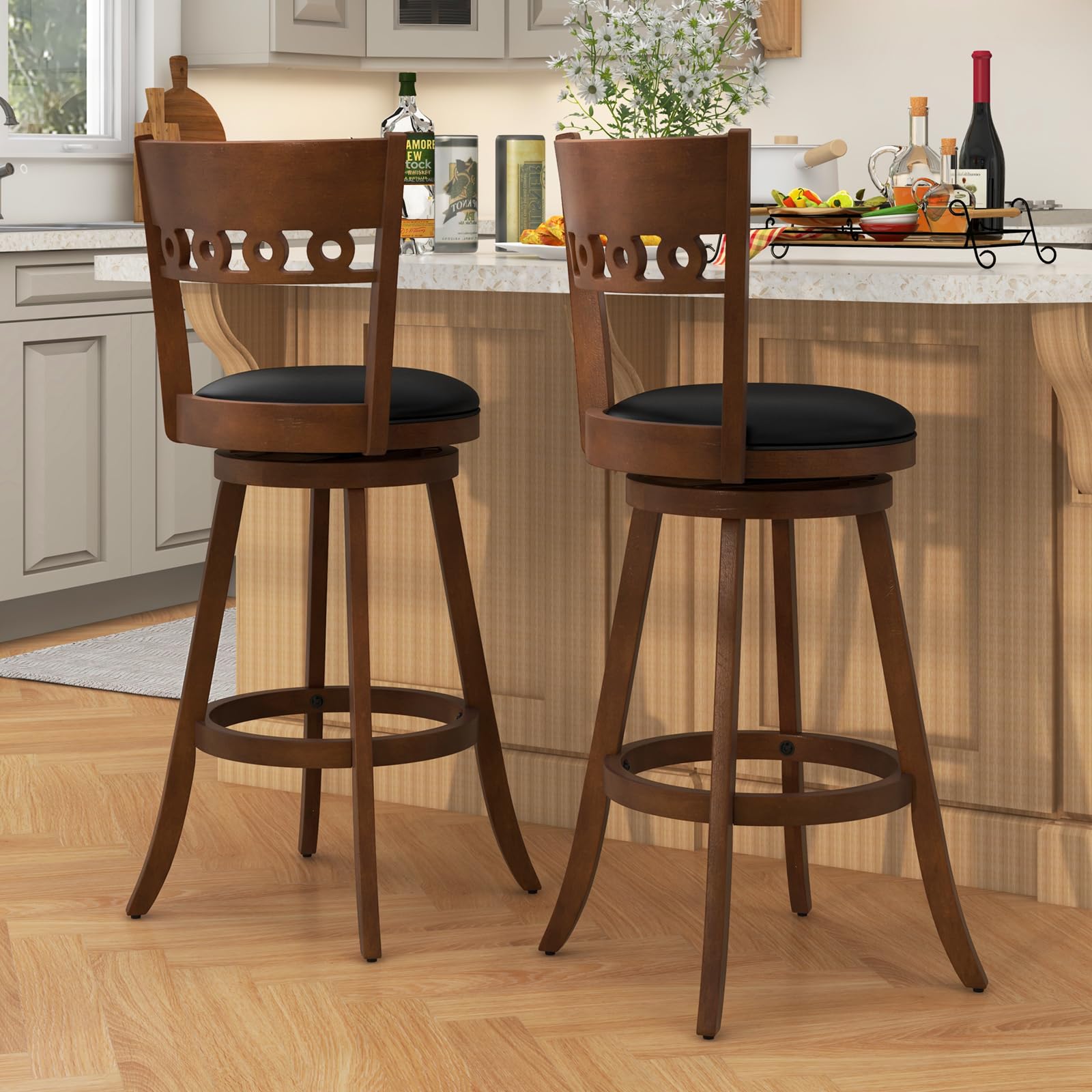Swivel Bar Stools Set of 2/4, Bar Chairs with Back, Rubber Wood Frame