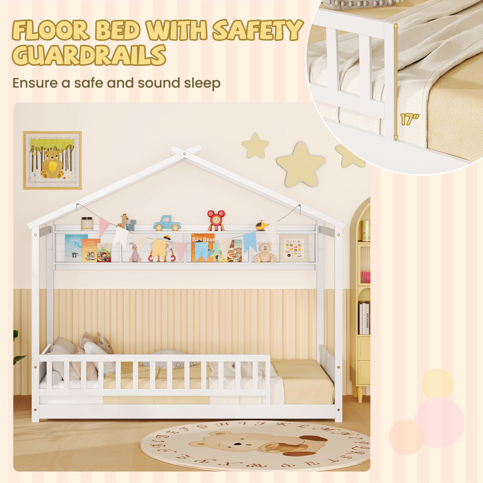 Twin Floor House Bed with Storage Shelf, Headboard & Guardrail