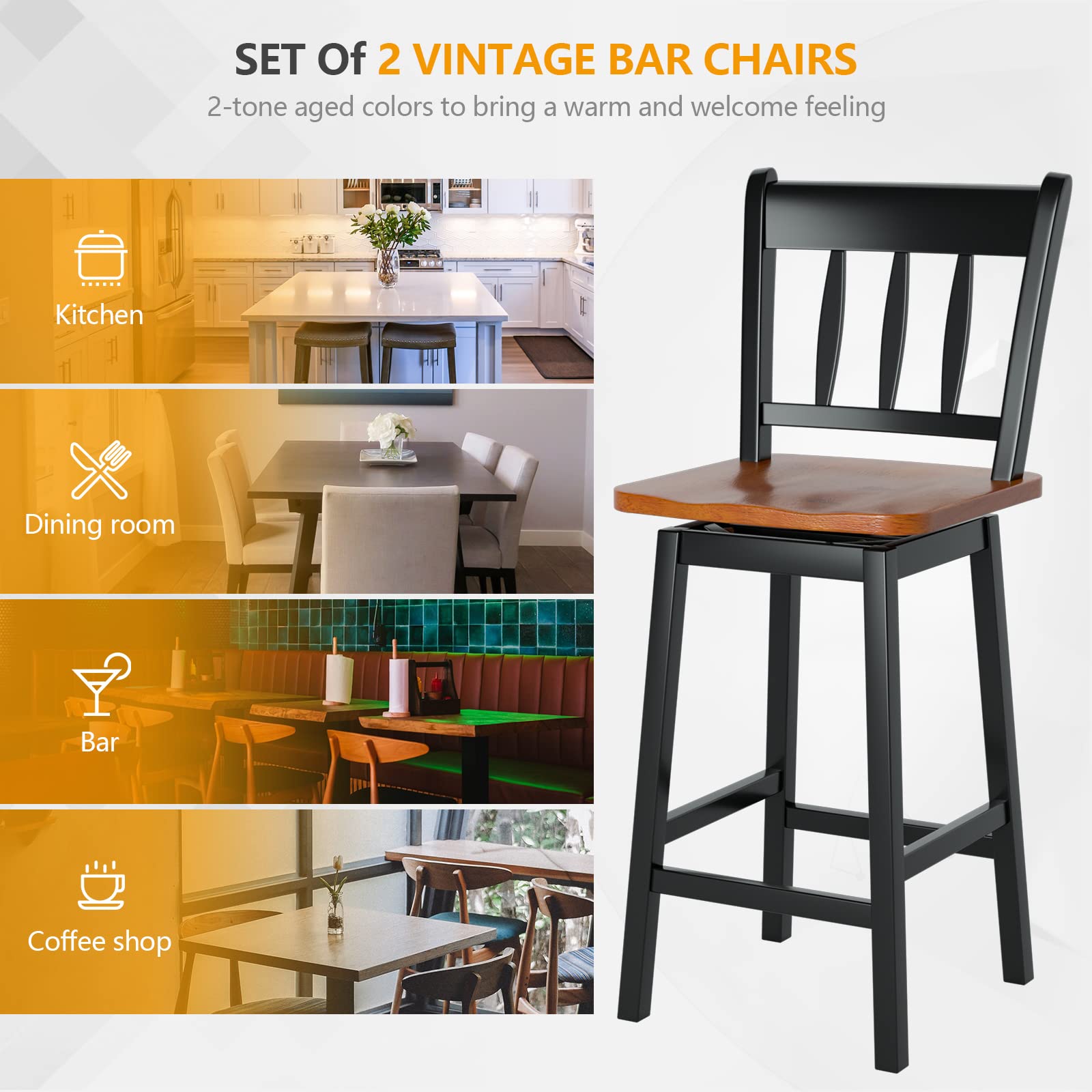 24.5 Inch Solid Rubber Wood Bar Stools Set of 2/4 with 360 &deg;Swiveling, Footrest
