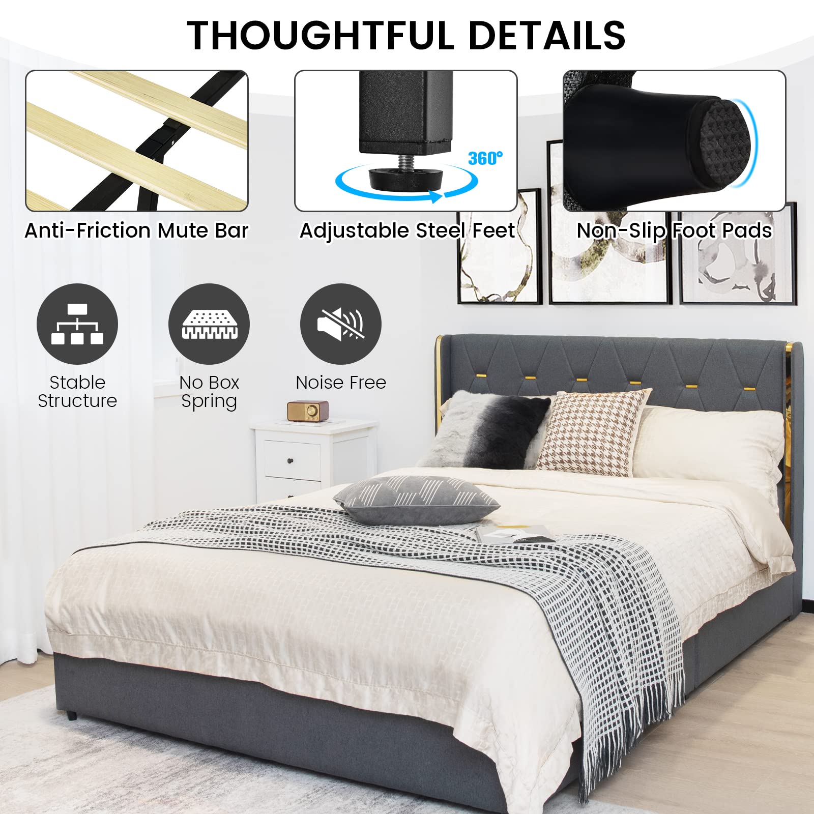 Full/Queen Upholstered Bed Frame with 4 Rolling Storage Drawers, Space Saving PU Leather Bed Frame