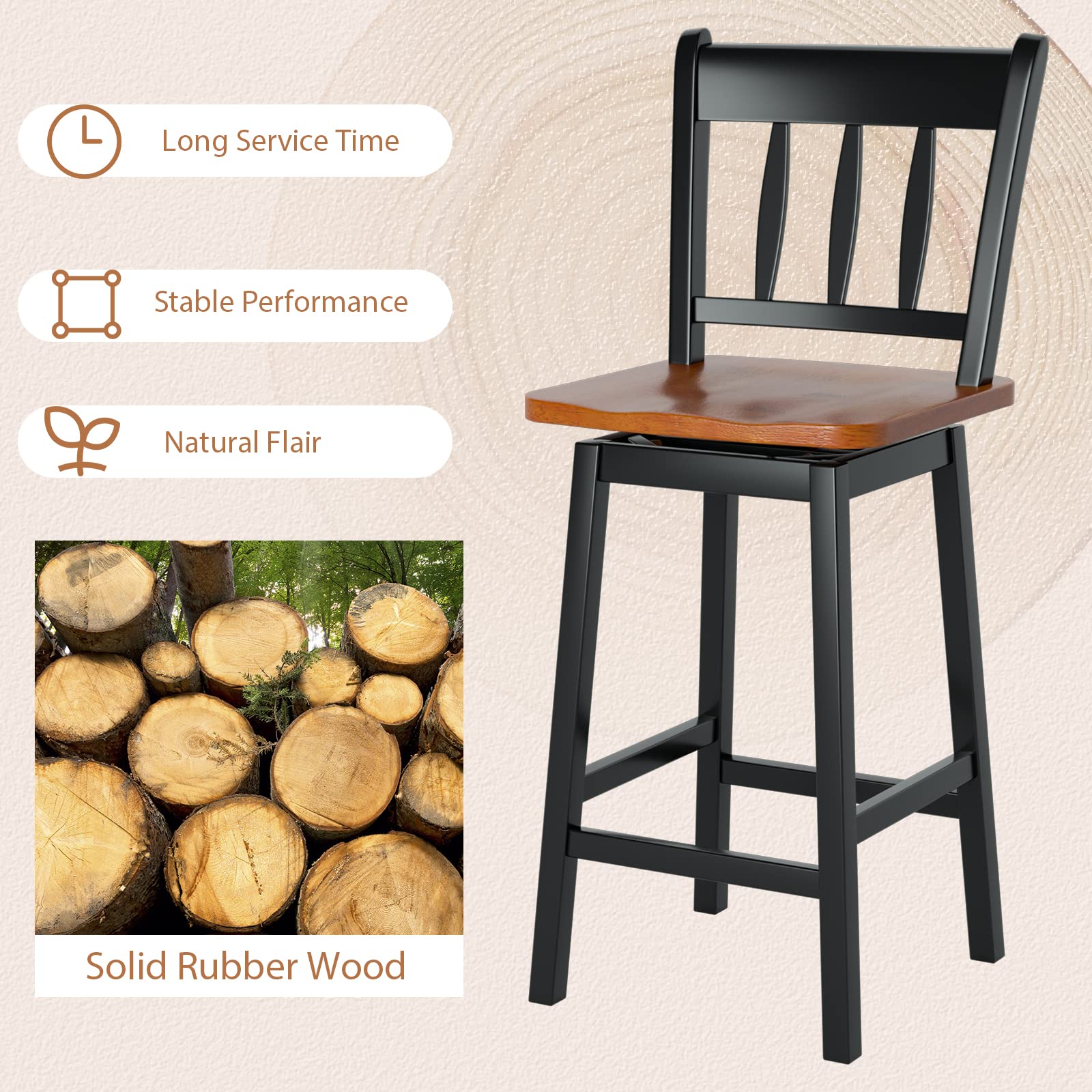 24.5 Inch Solid Rubber Wood Bar Stools Set of 2/4 with 360 &deg;Swiveling, Footrest